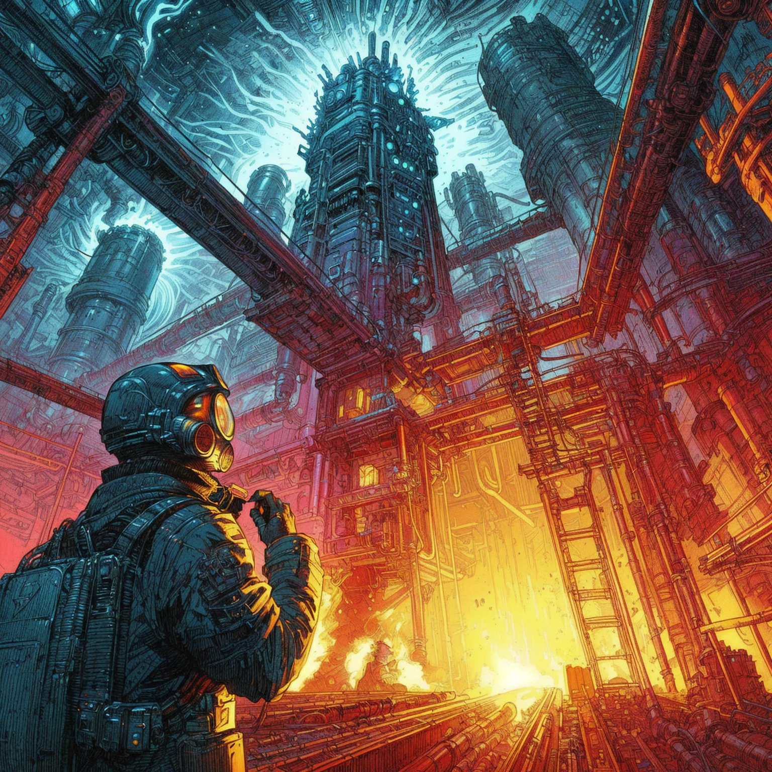 a man in a gas mask standing in a factory with fire end electricity, painting by dan mumford, style of Moebius, Métal Hurlant, Philippe Druillet, dan mumford and alex grey style, greg beeple, alejandro burdisio art, peter gric and dan mumford, inspired by Alejandro Burdisio