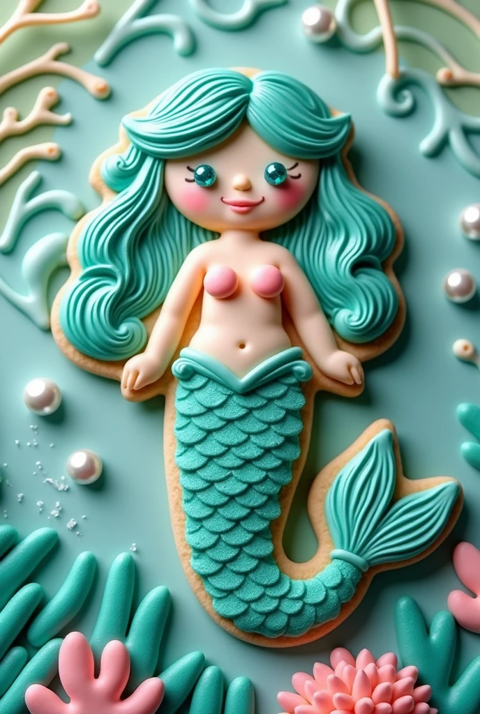 Imagine a delectable icing cookie shaped as an adorable mermaid girl, her finned tail cascading in waves like the azure sea. Her flowing hair, in hues of aqua and seafoam green, is adorned with sugar pearls that gleam like treasures of the deep. Her eyes are two shimmering gems of ocean-blue candy, reflecting the mysteries of the watery world. Sugary scales cover her tail, each iridescent and catching the light like a dance of sunlight on water. A soft vanilla-scented breeze wafts from the cookie, carrying with it a touch of sea salt, evoking the calming whispers of the ocean. The background features swirling patterns of edible coral and seaweed, rendered in bright and enticing colors. This cookie not only appears as a captivating maritime dream but promises an exotic yet comforting flavor, reminiscent of a gentle sea breeze on a warm, sunlit day.