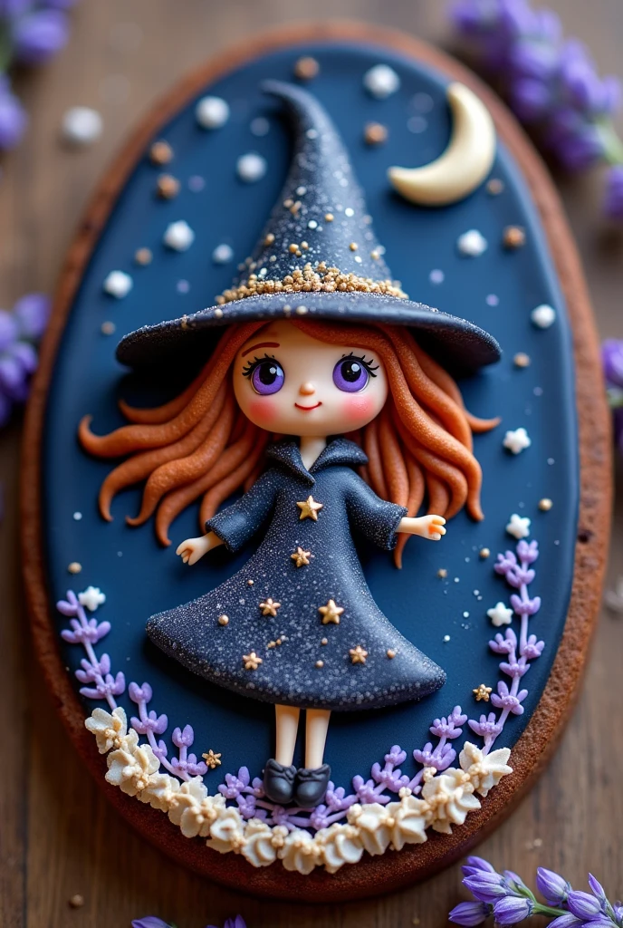 Fashion an icing cookie depicting a charming starry night witch girl. The cookie captures her whimsical essence as she dances across a twilight canvas. Her pointed hat is adorned with tiny sugar stars, each one twinkling against the deep indigo of a night sky. Long auburn locks spill from beneath her hat, highlighted with swirls of edible silver dust like comet trails. Her cloak, crafted from dark chocolate, glistens with constellations made of sugary sprinkles. Her eyes are deep pools of purple glaze, filled with the wisdom and mystery of the universe. Around her, a delicate sugar crescent moon hangs, casting an ethereal glow. This cookie carries the fragrance of sweet lavender and deep cocoa, inviting one to dream of distant galaxies and timeless adventures, offering a sweet escape into the cosmos with every bite.