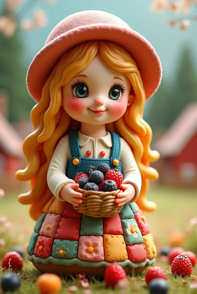 Design a delightful icing cookie featuring a cute farm girl with a heartwarming smile. Her dress is a patchwork of colorful sugar fondant, reminiscent of sun-kissed fields and blooming flowers. She holds a tiny basket of edible berries, each glistening with a fresh sugar glaze. Her hair is a cascade of golden caramel, waving gently under a dainty sugar bonnet. Her cheeks are dusted with rosy pink luster dust, capturing the blush of the morning sun. This cookie smells of rich butter and ripe strawberries, evoking memories of warm summer days and the simple joys of farm life. With every nibble, feel the gentle warmth of a pastoral morning sweep over you, surrounded by the fragrant scent of baking pies and the music of nature harmoniously resonating in the open air.