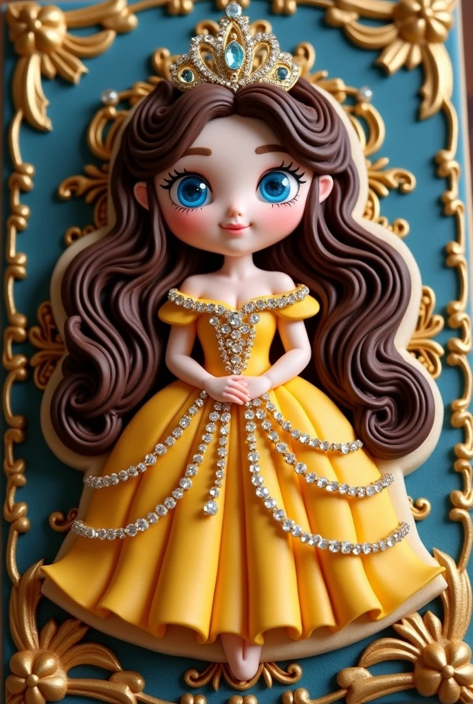 Craft a regal icing cookie illustrating a beautiful princess from a grand castle. Her gown, a masterpiece of fondant and edible gold leaf, shimmers with royal opulence. Her eyes, glistening with royal blue luster dust, hold tales of mystical kingdoms and noble ancestry. Her hair cascades in luxurious chocolate waves, crowned with a delicate tiara of sugar diamonds. Her features are gentle yet commanding, capturing the grace and strength of a fairytale sovereign. The cookie's background is adorned with intricate sugar embroidery, mirroring the elegance of a royal tapestry. This cookie emits the rich aroma of honey and spices, promising a decadent and enchanting taste. Feel transported to a grand ballroom, surrounded by the soft glow of candlelight and the whispers of intrigue and adventure with every bite you take, savoring the taste of royalty itself.