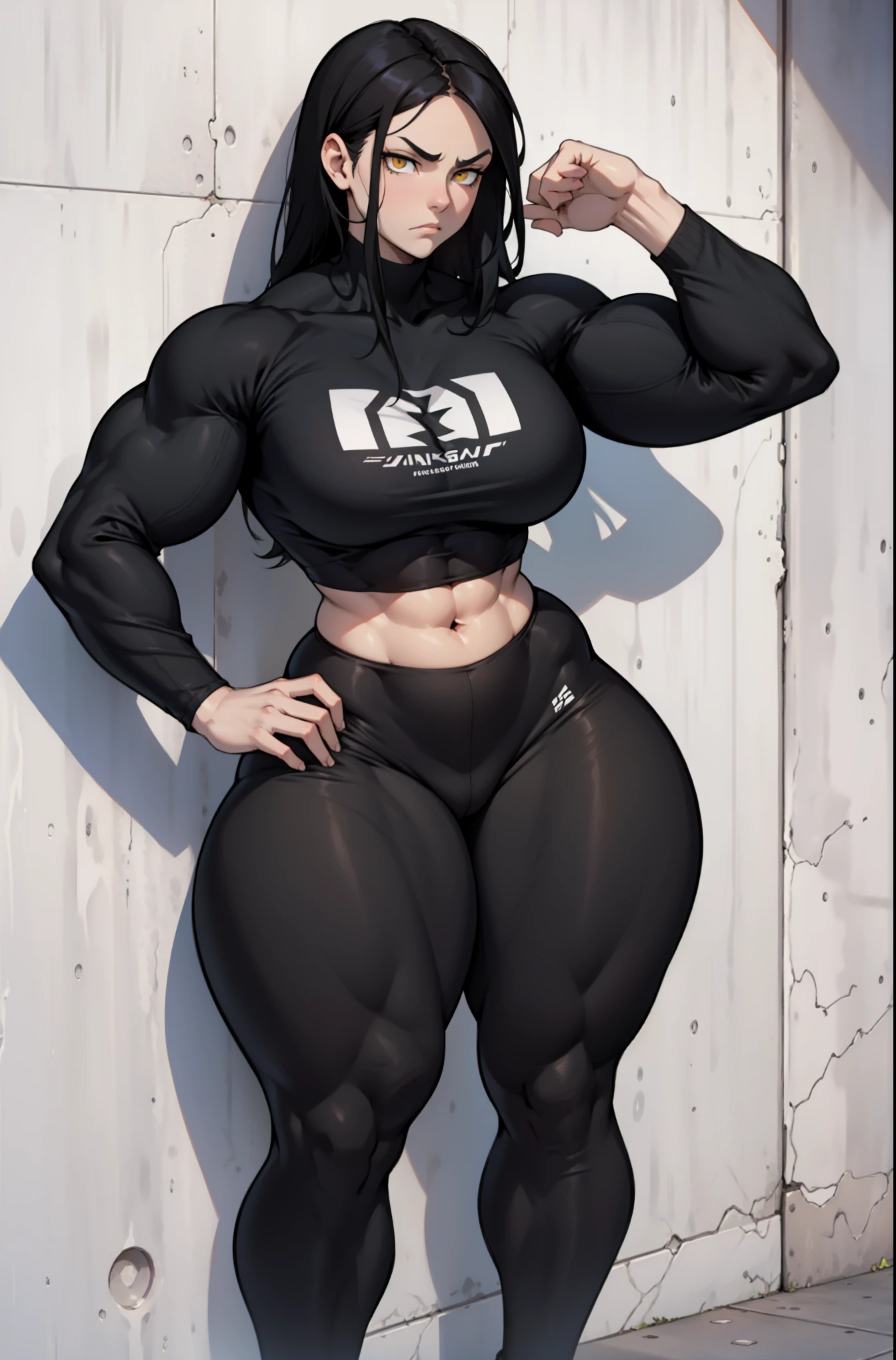 ((((((1girl)))))) (((((muscular))))) ((thick thighs huge breasts)) black hair yellow eyes solo angry pale skin sweaty concrete wall very long hair pilot suit curvy wide hips bodybuilder ((full body))