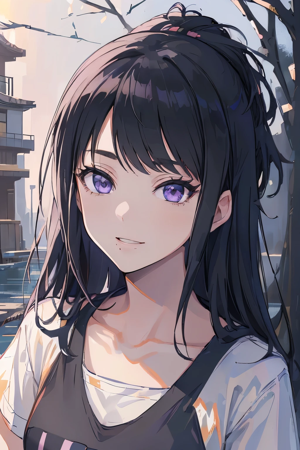 (((woman))), ((20 years old)), ((masterpiece)),(best quality),extremely detailed CG,unity 8k wallpaper,ultra detailed,beautiful detailed eyes,extremely detailed face, ((vilage)), 1girl,solo,upper body,(portrait:1.5),looking at viewer,facing viewer,anime coloring,smile,black hair,sidelocks,blunt bangs,purple eyes,white eyes,no pupils,((joger pants)), (t-shirt), hinata(shippuden), ((hiori kazano)), (idolmaster), ((long hair)), (sweet woman)