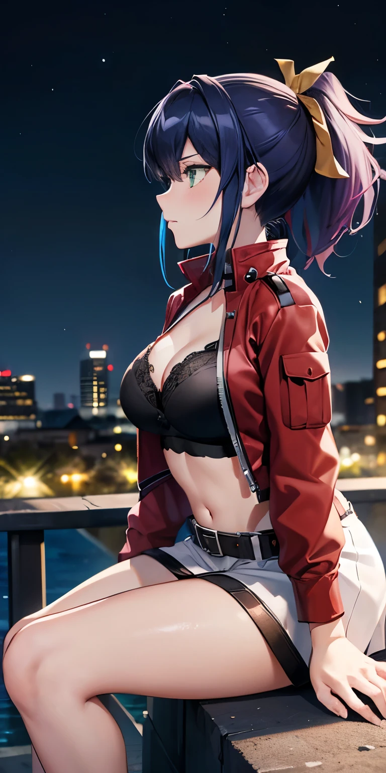 1 Female,High definition,high resolution,Ultra-realistic,8K, aaserena, ponytail,(multicolored hair),green eyes,red jacket,black shirt,belt,white skirt, tight skirt, miniskirt,(black lace bra), cleavage,European,sexy,Upper body close-up,Photographed from the front,Dynamic Angles,private teacher,blush, big tits ,outdoors, moonlight, dark sky, buildings,full body,4k, ultra high definition, perfect face, detailed face , (profile view), sitting ,(pov, closed shot:1.2),(knees bent:1.2)