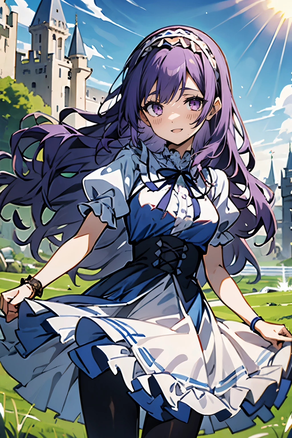 (masterpiece:1.2), (high quality:1.2), reo mikage, blue lock, girls with((((solo, 1 girls, (wavy long hair, frilled hairbands:1.55), puffy sleeves + blue dress + skirt adds short dress + navy tights + white shirt and frills collared shirt + neck ribbon + corset + bracelet, frilled dress, short sleeves, purple eyes, purple hair, smiling, standing))), background with((camelot kingdom, castle, sky, sea, shining sunlight, august 12))