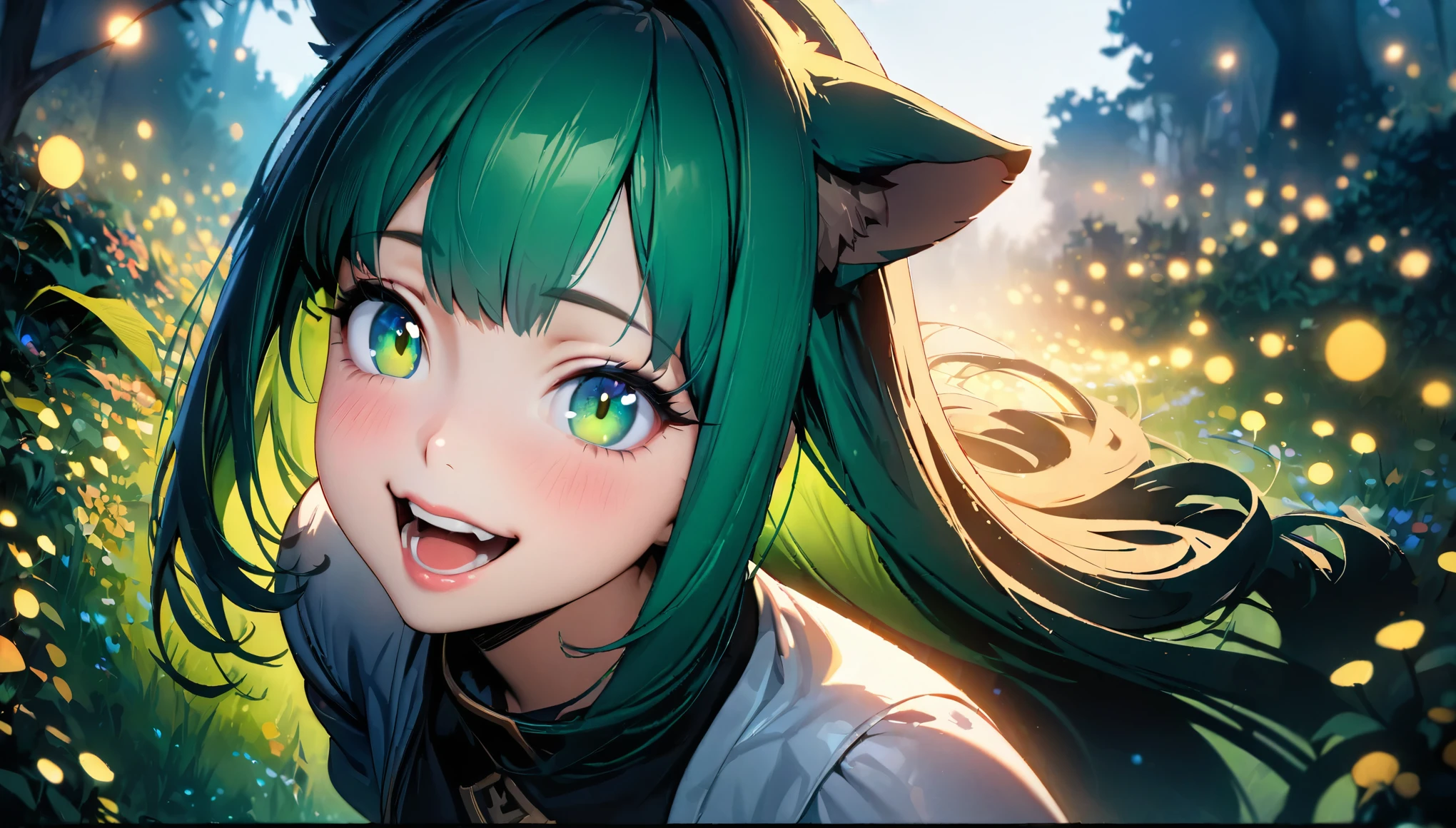 Beautiful woman, 1girl, ( beautiful detailed eyes,  Beautiful Detailed Lips ,  Beautiful Detailed Face ,  long eyelashes ), Green Hair,  long straight , Beastman, Animal Ears , tooth, smile,  open your mouth and laugh, (8k, Best Quality, masterpiece: 1.2), ((Beautiful CG illustrations)),  super detail from above, Wide angle view, Firefly Garden,  There are lots of small, faint lights and fireflies flying around ,  Knight 