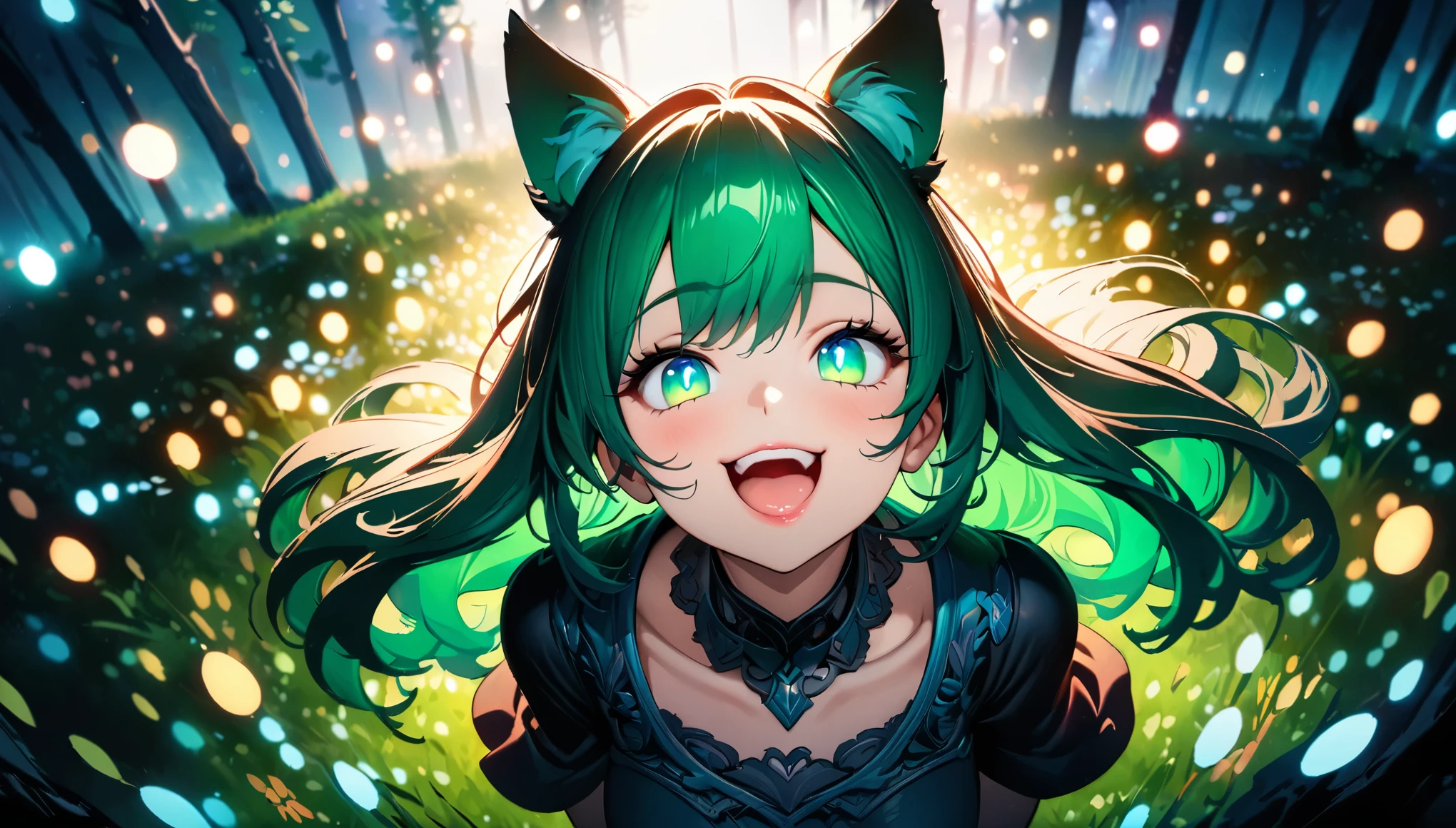 Beautiful woman, 1girl, ( beautiful detailed eyes,  Beautiful Detailed Lips ,  Beautiful Detailed Face ,  long eyelashes ), Green Hair,  long straight , Beastman, Animal Ears , tooth, smile,  open your mouth and laugh, (8k, Best Quality, masterpiece: 1.2), ((Beautiful CG illustrations)),  super detail from above, Wide angle view, Firefly Garden,  There are lots of small, faint lights and fireflies flying around ,  Knight 