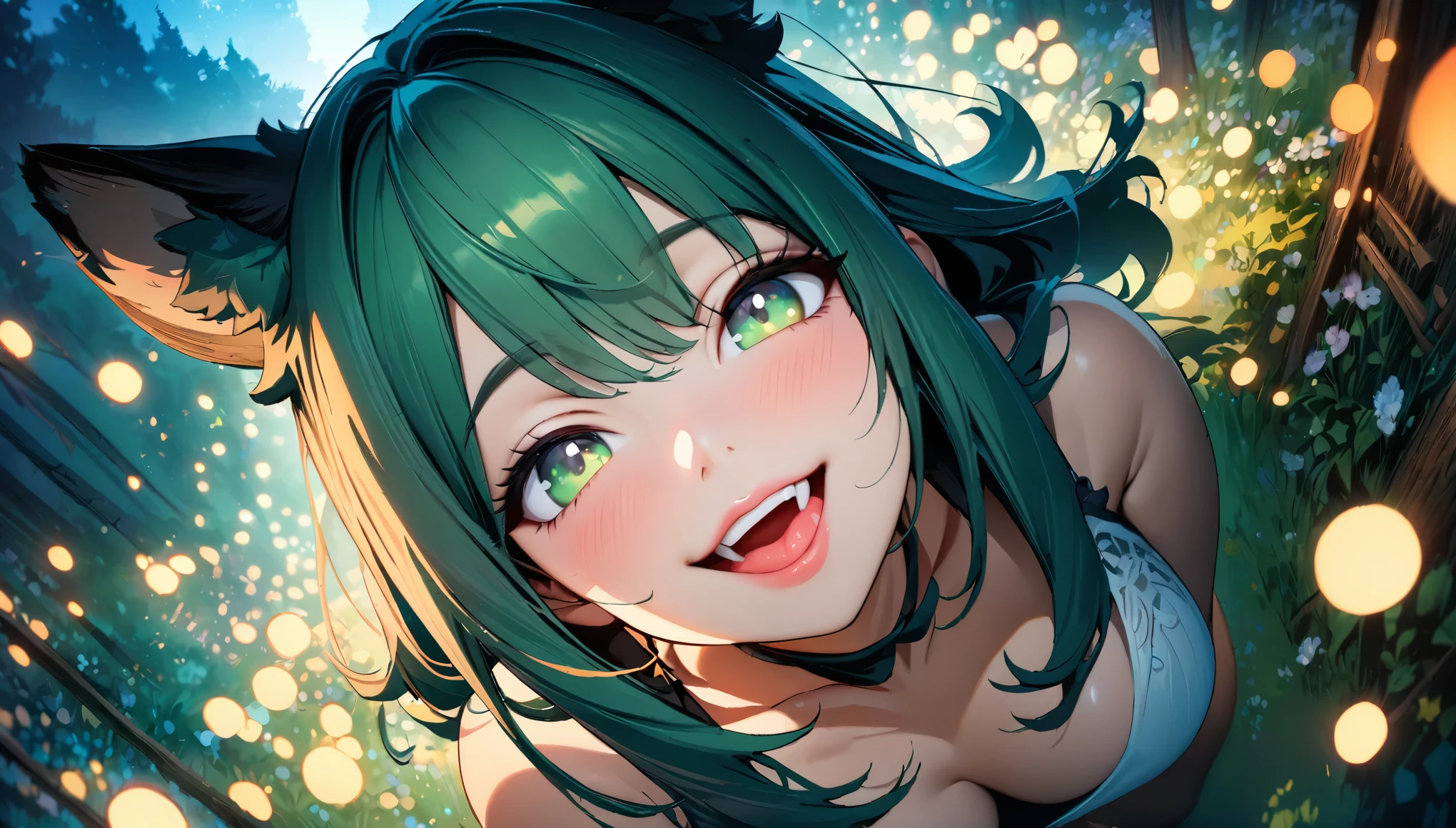 Beautiful woman, 1girl, ( beautiful detailed eyes,  Beautiful Detailed Lips ,  Beautiful Detailed Face ,  long eyelashes ), Green Hair,  long straight , Beastman, Animal Ears , tooth, smile,  open your mouth and laugh, (8k, Best Quality, masterpiece: 1.2), ((Beautiful CG illustrations)),  super detail from above, Wide angle view, Firefly Garden,  There are lots of small, faint lights and fireflies flying around ,  Knight 