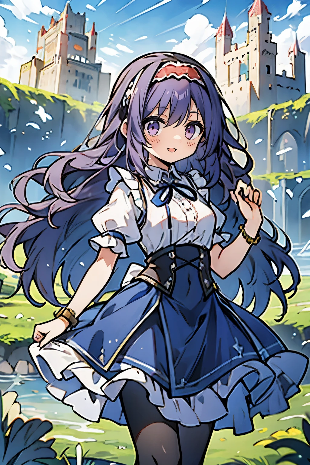 (masterpiece:1.2), (high quality:1.2), reo mikage, blue lock, girls with((((solo, 1 girls, (wavy long hair, frilled hairbands:1.55), puffy sleeves + blue dress + skirt adds short dress + navy tights + white shirt and frills collared shirt + neck ribbon + corset + bracelet, frilled dress, short sleeves, purple eyes, purple hair, smiling, standing))), background with((camelot kingdom, castle, sky, sea, shining sunlight, august 12))