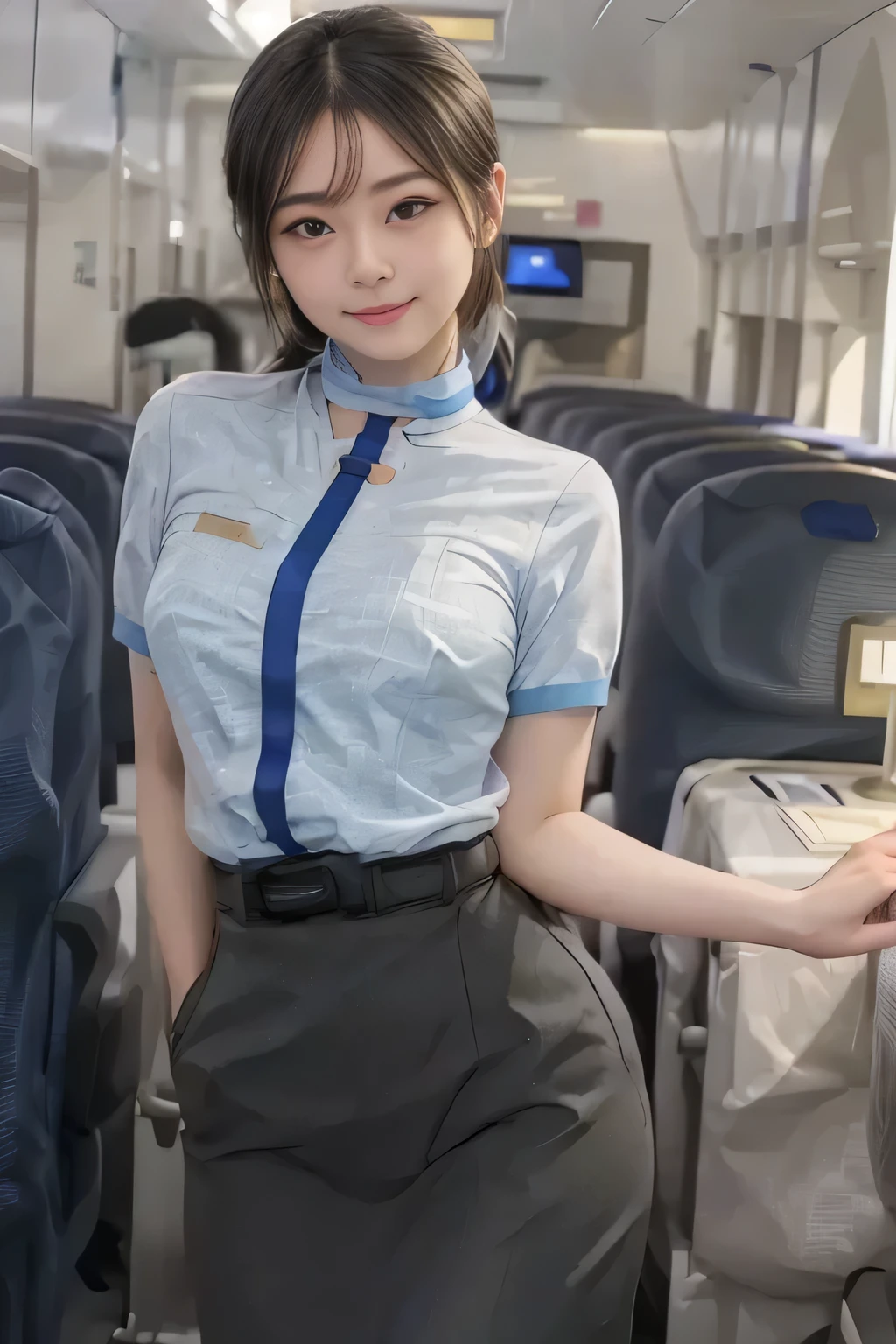 (masterpiece:1.2, Best Quality:1.2), 32kHDR,  high definition, (Alone、 1 girl)、（Rooftop of a building during the day、 Professional Lighting）、With the roof of the building in the background 、（ANA flight attendant uniform blueを着たリアルスタイル）、（（ANA flight attendant uniform blue blue short sleeve blouse  、 ANA FLIGHT ATTACENT UNIFORM BLUE SKIRT WITH A BLUE LINE IN THE BACK、 scarf around the neck ））、 Dark brown hair 、（Long Hair、Hair tied up、Hair tied up）、 Dark brown hair 、Long Hit、Big Breasts、Thin legs、（（Great hands：2.0）），（（ Harmonious Body Proportions ：1.5）），（（Normal limbs：2.0）），（（Usually refers to：2.0）），（（ Delicate Eyes：2.0）），（（Normal eyes：2.0））)、smile、（ANA flight attendant uniform blueを見せた美しい後ろ姿）、Hands clasped underneath