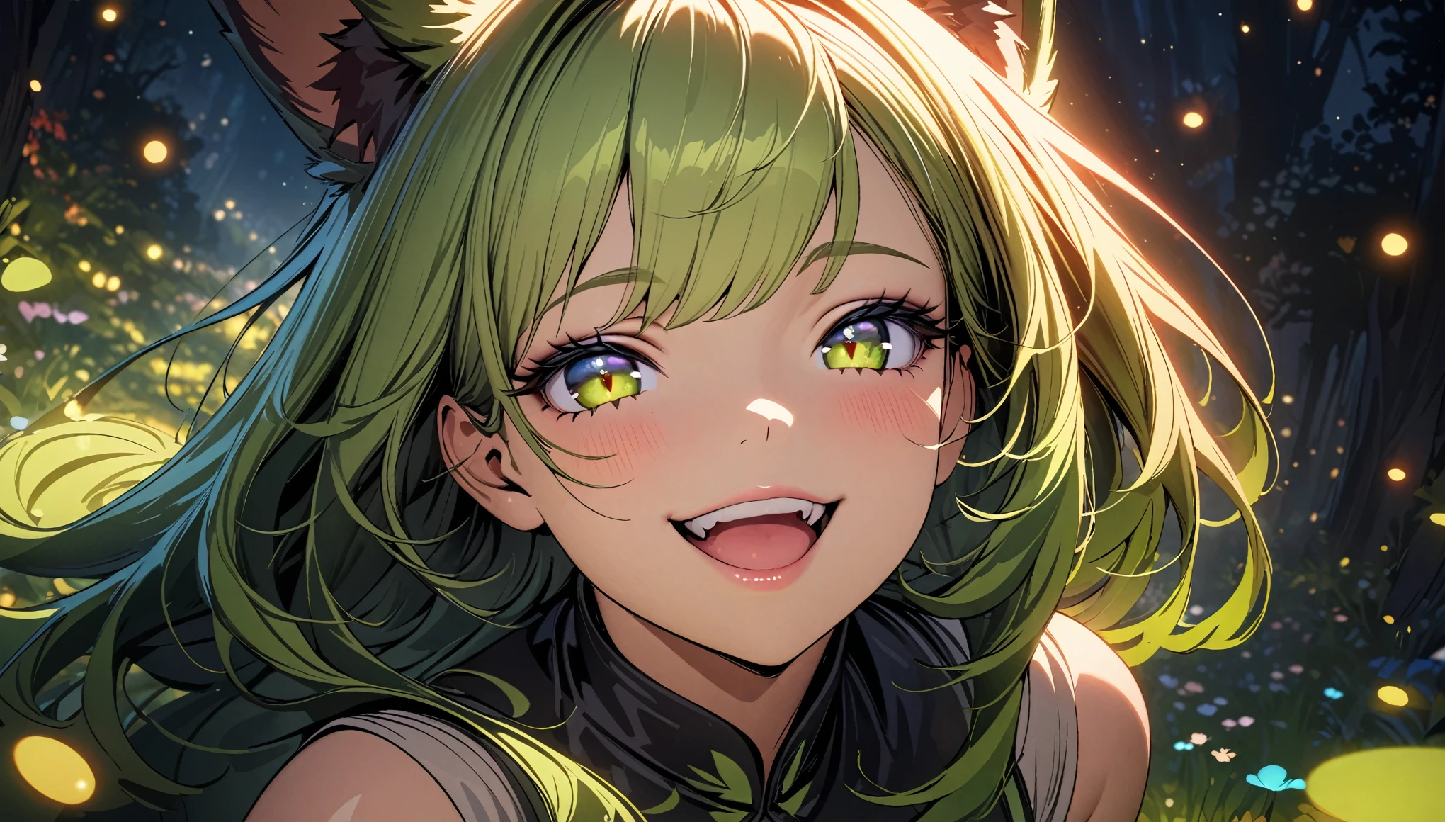 Beautiful woman, 1girl, ( beautiful detailed eyes,  Beautiful Detailed Lips ,  Beautiful Detailed Face ,  long eyelashes ), Green Hair,  long straight , Beastman, Animal Ears , tooth, smile,  open your mouth and laugh, (8k, Best Quality, masterpiece: 1.2), ((Beautiful CG illustrations)),  super detail from above, Wide angle view, Firefly Garden,  There are lots of small, faint lights and fireflies flying around ,  Knight 