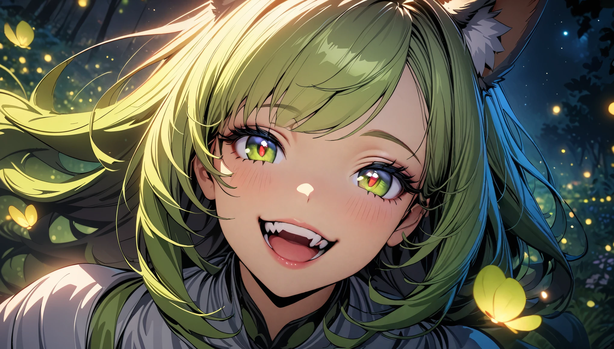 Beautiful woman, 1girl, ( beautiful detailed eyes,  Beautiful Detailed Lips ,  Beautiful Detailed Face ,  long eyelashes ), Green Hair,  long straight , Beastman, Animal Ears , tooth, smile,  open your mouth and laugh, (8k, Best Quality, masterpiece: 1.2), ((Beautiful CG illustrations)),  super detail from above, Wide angle view, Firefly Garden,  There are lots of small, faint lights and fireflies flying around ,  Knight 