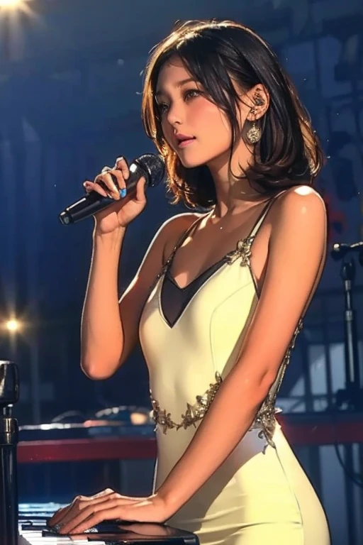 (Best Quality), ( super quality), ( high definition), (Overall image), ( is wearing a sexy dress {x} and has her right hand close to her lips), (Adolescent,  white skin ,  dark eyes,  concert where ,  has a microphone ,  Playing the keyboard while singing