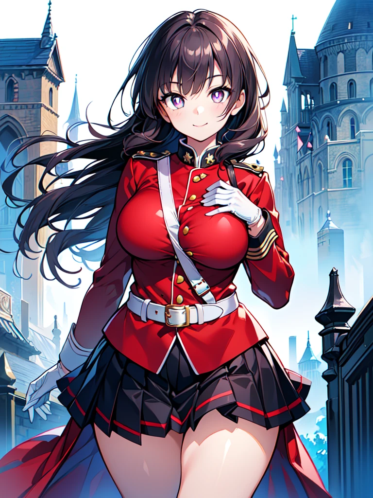 (makes an aesthetic,Master piece,Best Quality,all detailed,ultra detailed,extremely detailed CG unity 8k wallpaper,intricate details,watercolor),((1girl:2,solo:2,ar old,y fate girl:2,large breasts:2.2,curvy:1.4)),(very long hair:1.5,black hair:2,purple eyes:2,perfect eyes:2,bright pupils, white pupils,round eyes:1.6,anime eyes)),(white skin),((female knight:2,military uniform:1.5, red jacket, strap between breasts, white gloves, belt, pleated skirt, black skirt,fantasy world,in the noon,castle)),smiling,standing