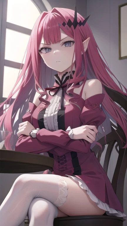 1girl, solo, baobhan sith, (grey eyes:1.3), long hair, pink hair, pointy ears,
BREAK cross-laced clothes, cross-laced dress, cross-laced legwear, detached sleeves, dress, pink dress, frilled dress, frills, hair ornament, red ribbon, red sleeves, ribbon,
BREAK disgusted face,
BREAK sitting chair, (crossed arms, crossed legs:1.1),
BREAK (from below:1.2), looking at viewer,
BREAK (indoor, bedroom, chair, night:1.2),
BREAK (best quality:1.4), (ultra detailed, professional quality:1.2), (detailed beautiful face:1.4), (detailed beautiful eyes:1.4), Top quality, (masterpiece:1.2), high detail,