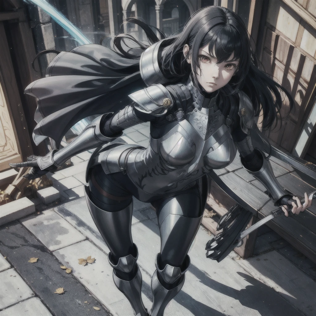 thick outlines, comics, photorealistic, perfect hands, masterpiece:1.2, 1girl, solo, standing, thin tights, red eyes, pauldrons:1.5, armor, bodysuit, armored boots, gauntlets, long black hair, medieval town, detailed face, detailed eyes, 