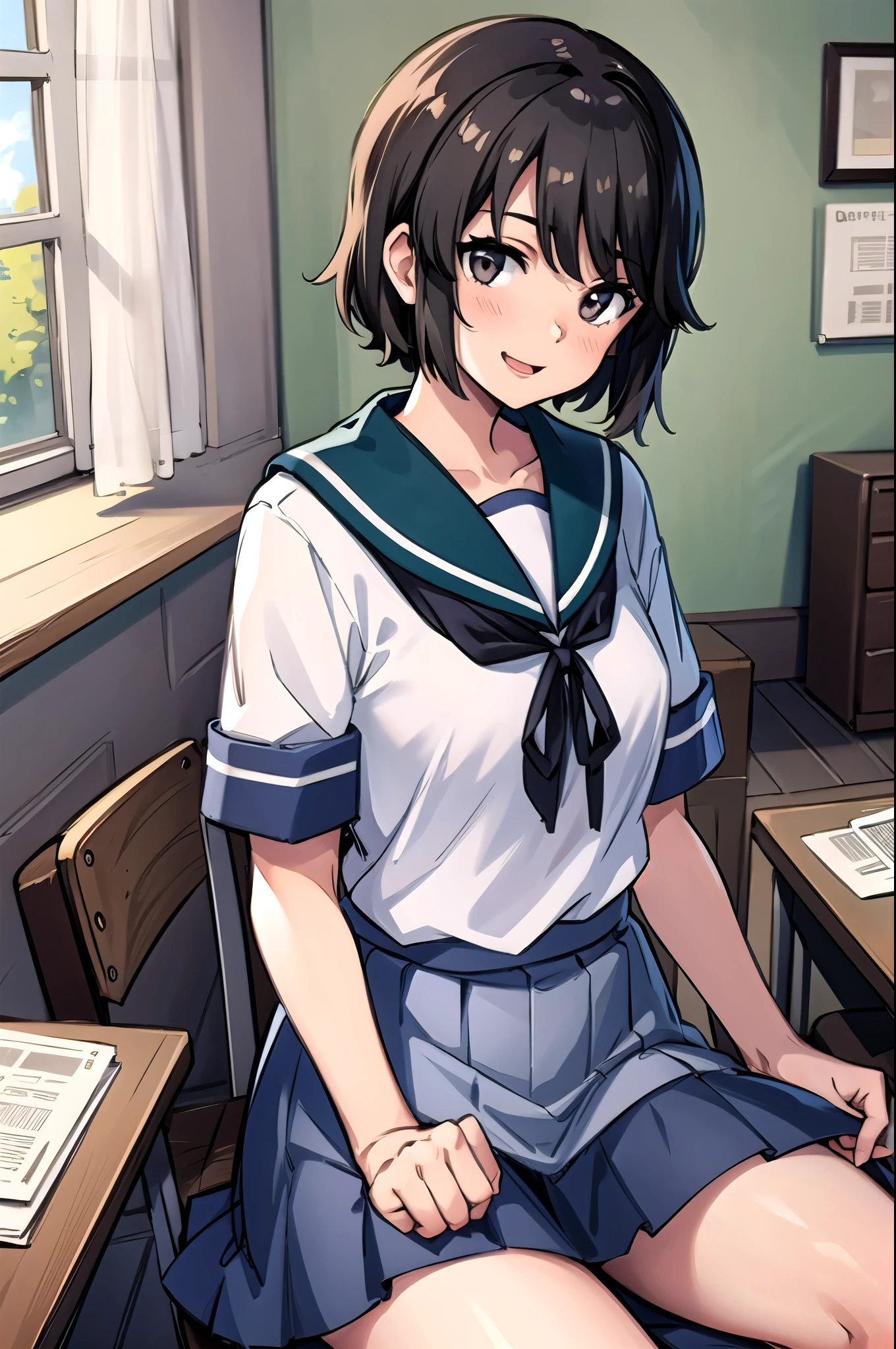 Miyuki KC ,  (masterpiece, Best Quality:1.2), Best Quality,  very detailed, masterpiece, 8k, high definition, one girl playing pranks,Alone, ( office,  living room,  bedroom), White Sailor Suit, Short sleeve, smile, School_uniform,Pleats_skirt, 紺Pleatsskirt, (  Closeup Shots ), Slender body, Slender body, Petite,  short hair,