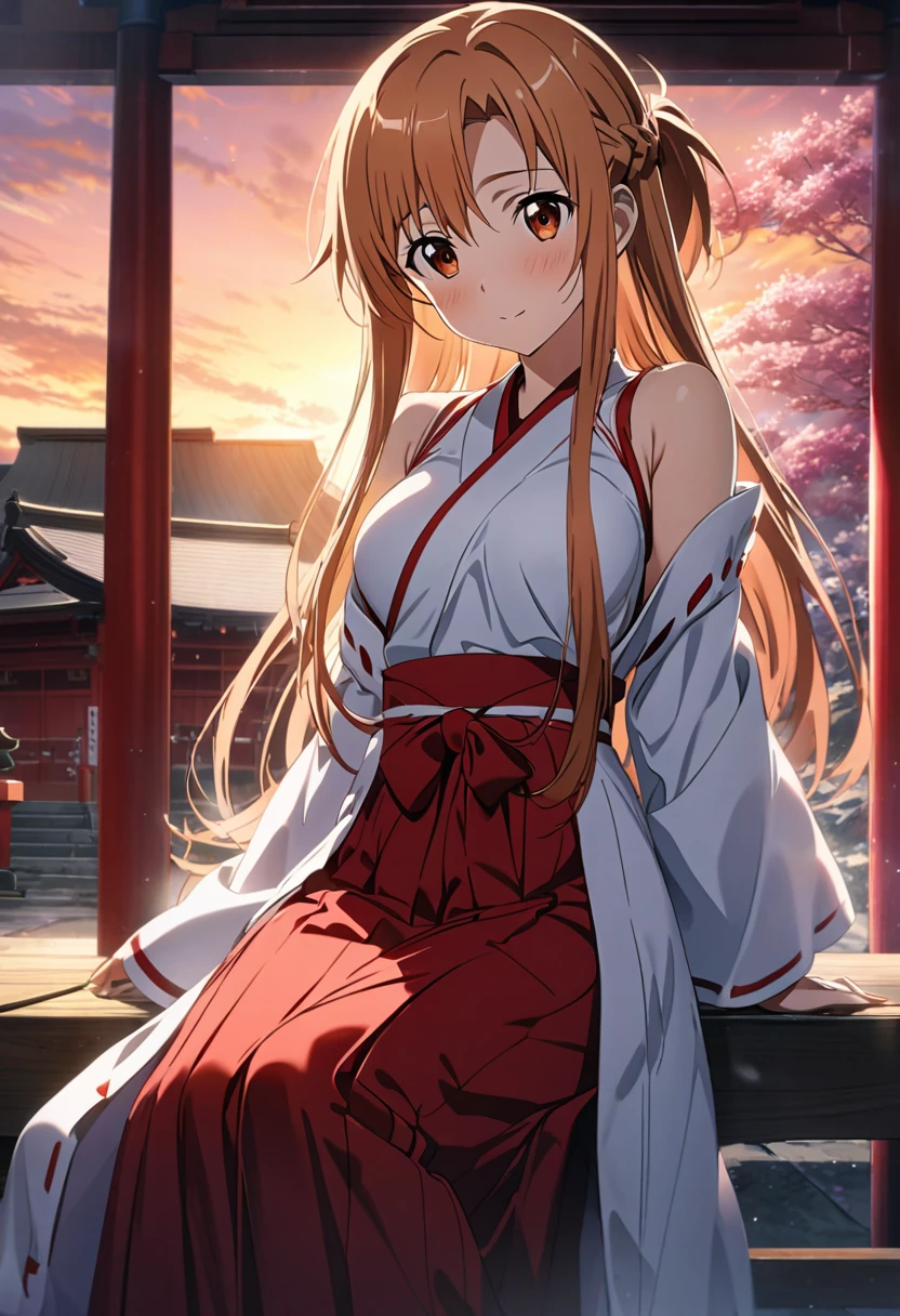 (masterpiece, best quality, detailed), 1girl, solo, orihimernd, hair ornament, looking at viewer,
miko, japanese clothes, red hakama, wide sleeves, white kimono, ribbon trim, hip vent, hakama skirt, outdoors, night, torii, shrine, east asian architecture, arms behind back, smile, closed mouth
