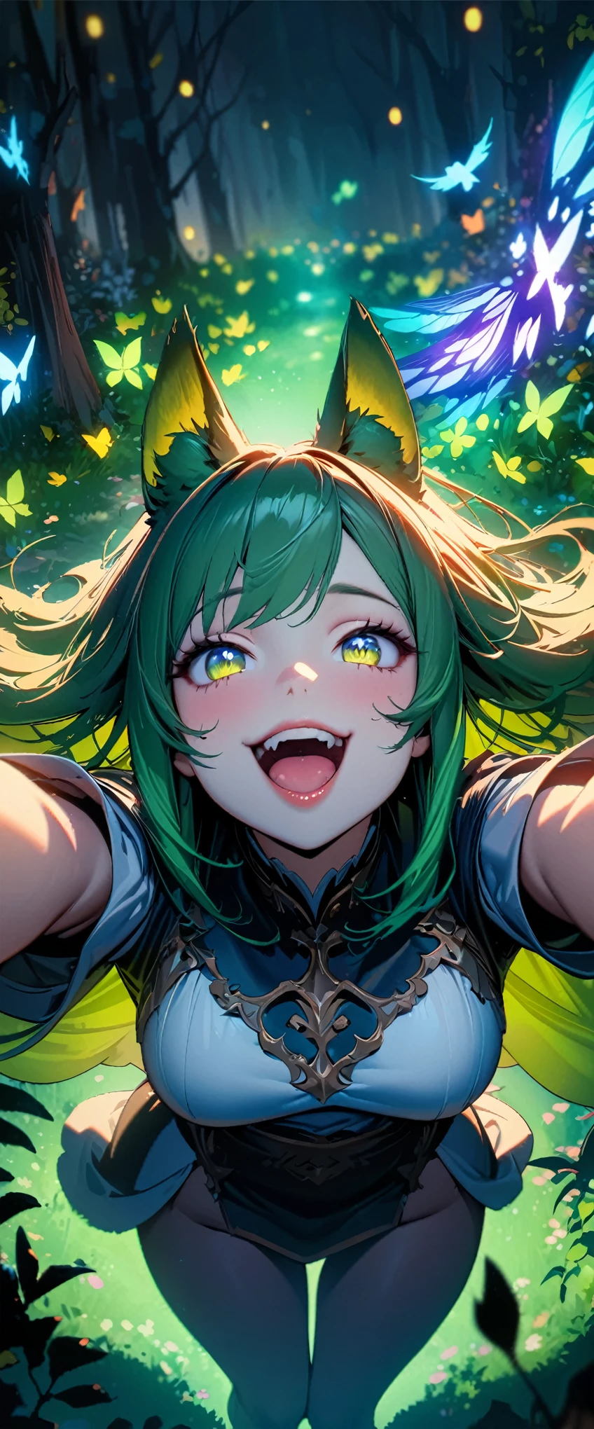 Beautiful woman, 1girl, ( beautiful detailed eyes,  Beautiful Detailed Lips ,  Beautiful Detailed Face ,  long eyelashes ), Green Hair,  long straight , Beastman, Animal Ears , tooth, smile,  open your mouth and laugh, (8k, Best Quality, masterpiece: 1.2), ((Beautiful CG illustrations)),  super detail from above, Wide angle view, Firefly Garden, There are lots of small, faint lights and fireflies flying around , Knight