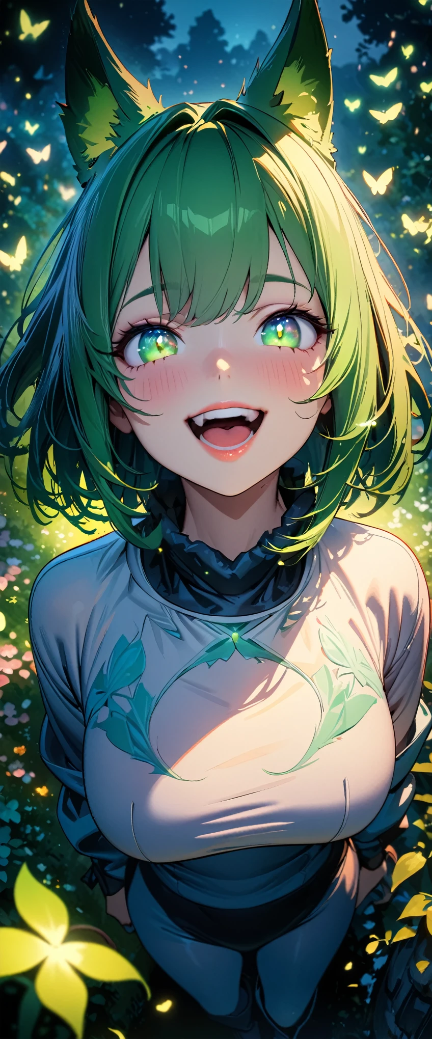 Beautiful woman, 1girl, ( beautiful detailed eyes,  Beautiful Detailed Lips ,  Beautiful Detailed Face ,  long eyelashes ), Green Hair,  long straight , Beastman, Animal Ears , tooth, smile,  open your mouth and laugh, (8k, Best Quality, masterpiece: 1.2), ((Beautiful CG illustrations)),  super detail from above, Wide angle view, Firefly Garden, There are lots of small, faint lights and fireflies flying around , Knight