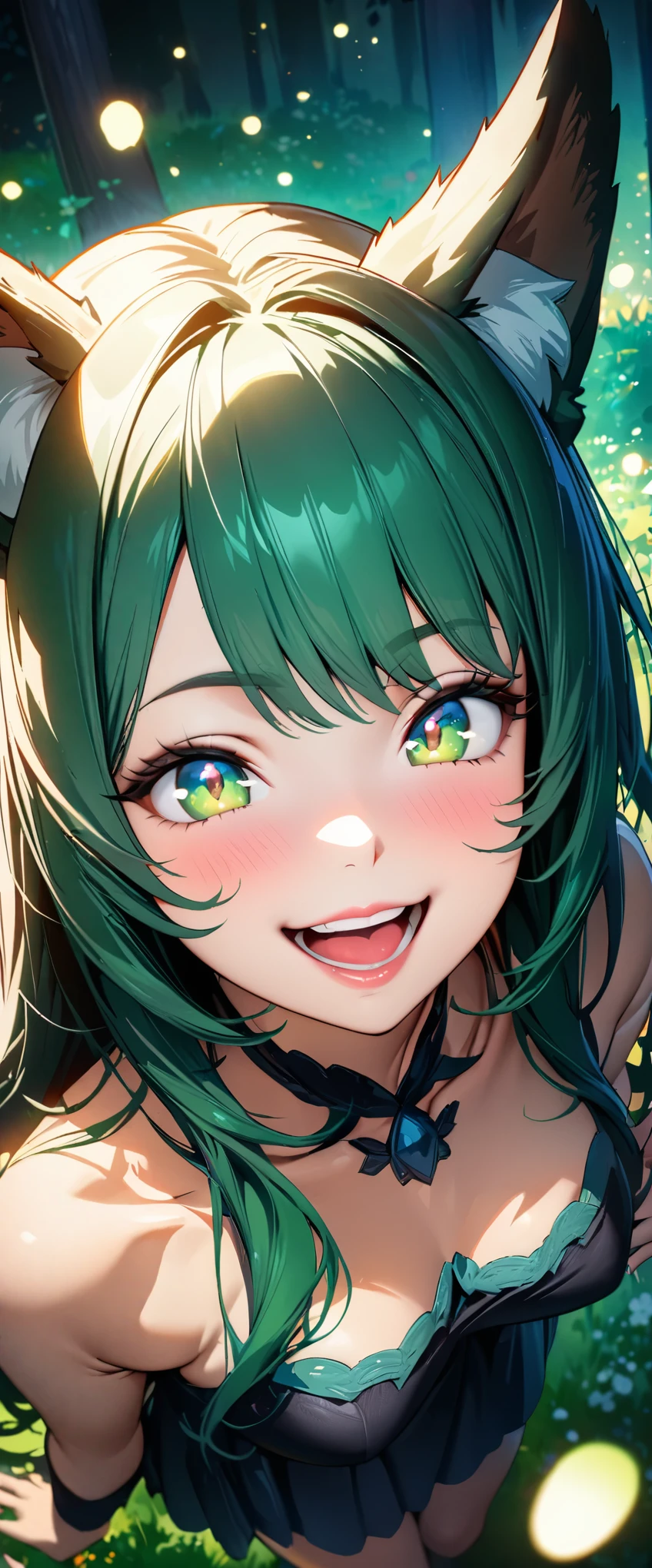 Beautiful woman, 1girl, ( beautiful detailed eyes,  Beautiful Detailed Lips ,  Beautiful Detailed Face ,  long eyelashes ), Green Hair,  long straight , Beastman, Animal Ears , tooth, smile,  open your mouth and laugh, (8k, Best Quality, masterpiece: 1.2), ((Beautiful CG illustrations)),  super detail from above, Wide angle view, Firefly Garden, There are lots of small, faint lights and fireflies flying around , Knight