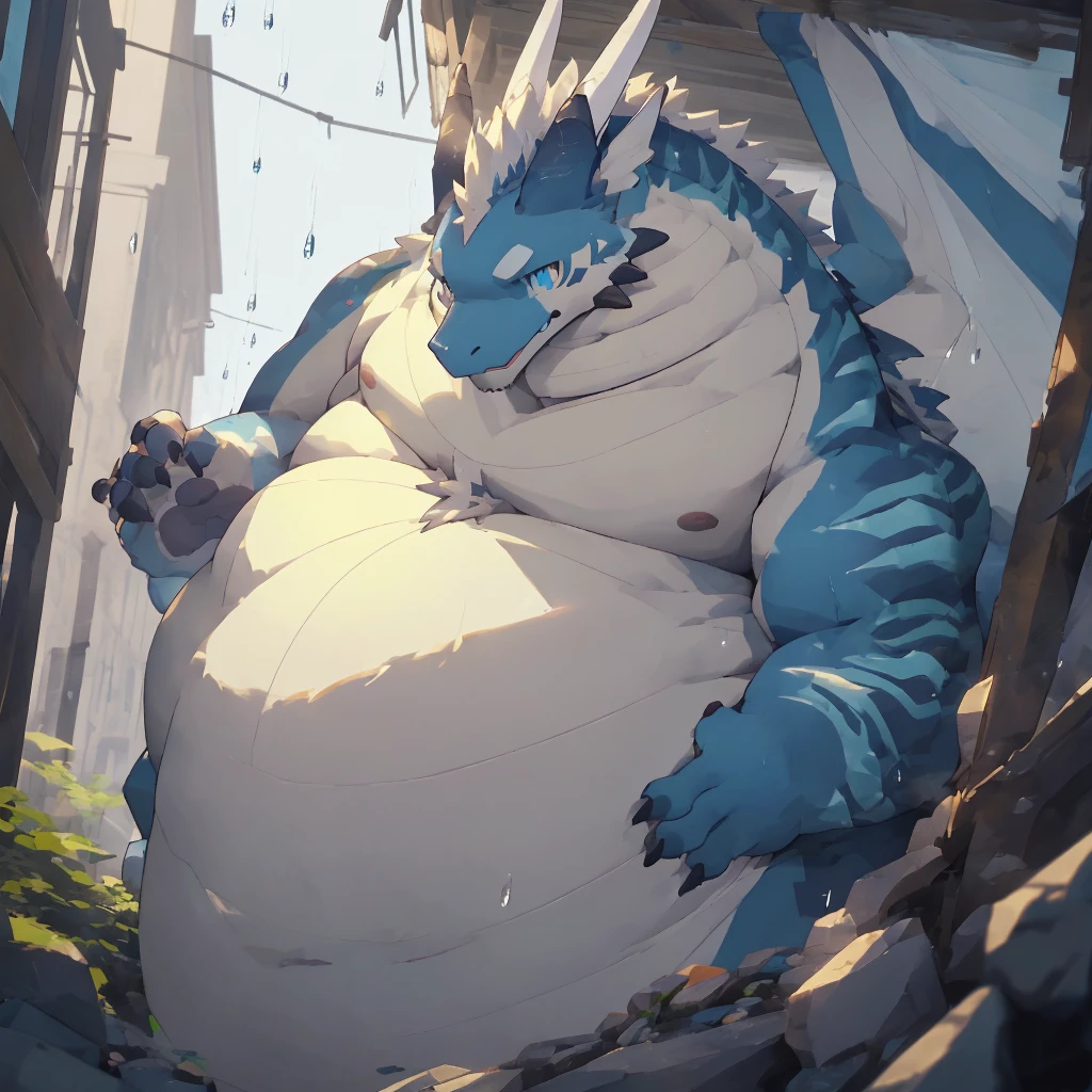 ((best quality:1.2)), ((masterpiece:1.4)), (ultra detailed1.3),perfect face, Furry, dragon, Giant Monsterountain of fat, (hyper obese:1.3), Beautiful and delicate eyes, (ultra detailed eyes, blue color eyes, sharp eyes), detailed scene, Sharp Claws, Thick animal-like legs、Cheeks that store fat, thick arms、huge torso、thick neck、fat neck、legs buried in fat, thick twisted corners, low angle, stomach is bigger than my body, detailed nipple, (detailed body:1.4), full body view, Male, solo focused, Rainy weather,