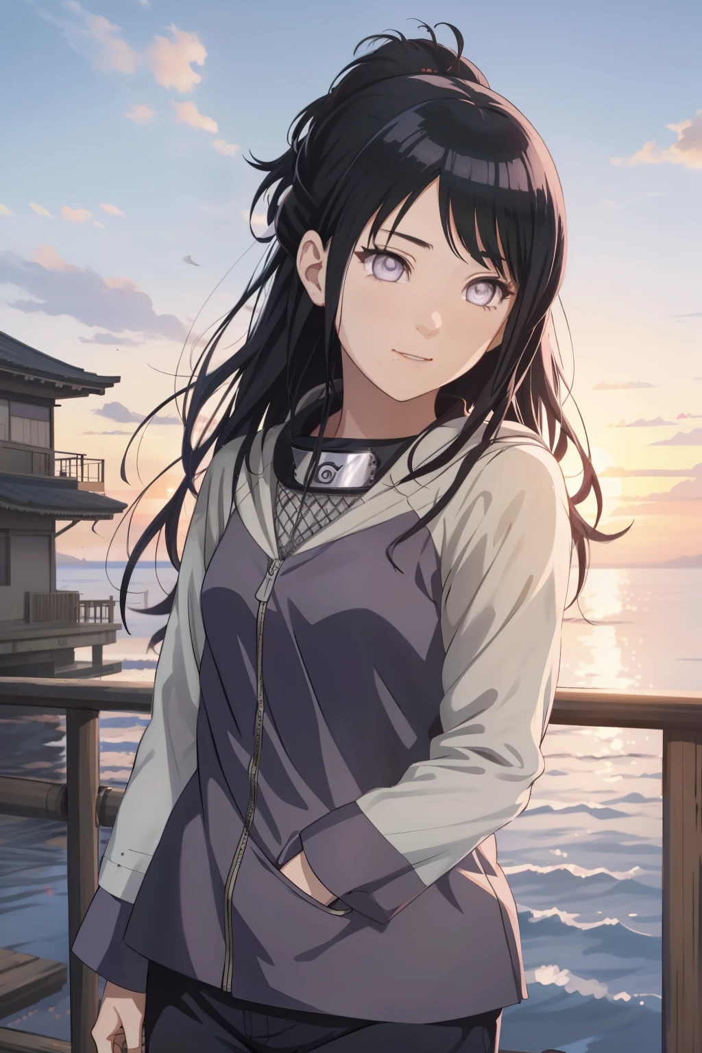 an hiperealistic shot of hinata(shippuden), ((hiori kazano)), idolmaster, Detailed eyes,  long hair, ponytail, half updo, hair ornament,, (sweet woman), manwha style, ((happy)), ((sweet)), ((delicated)), sunset