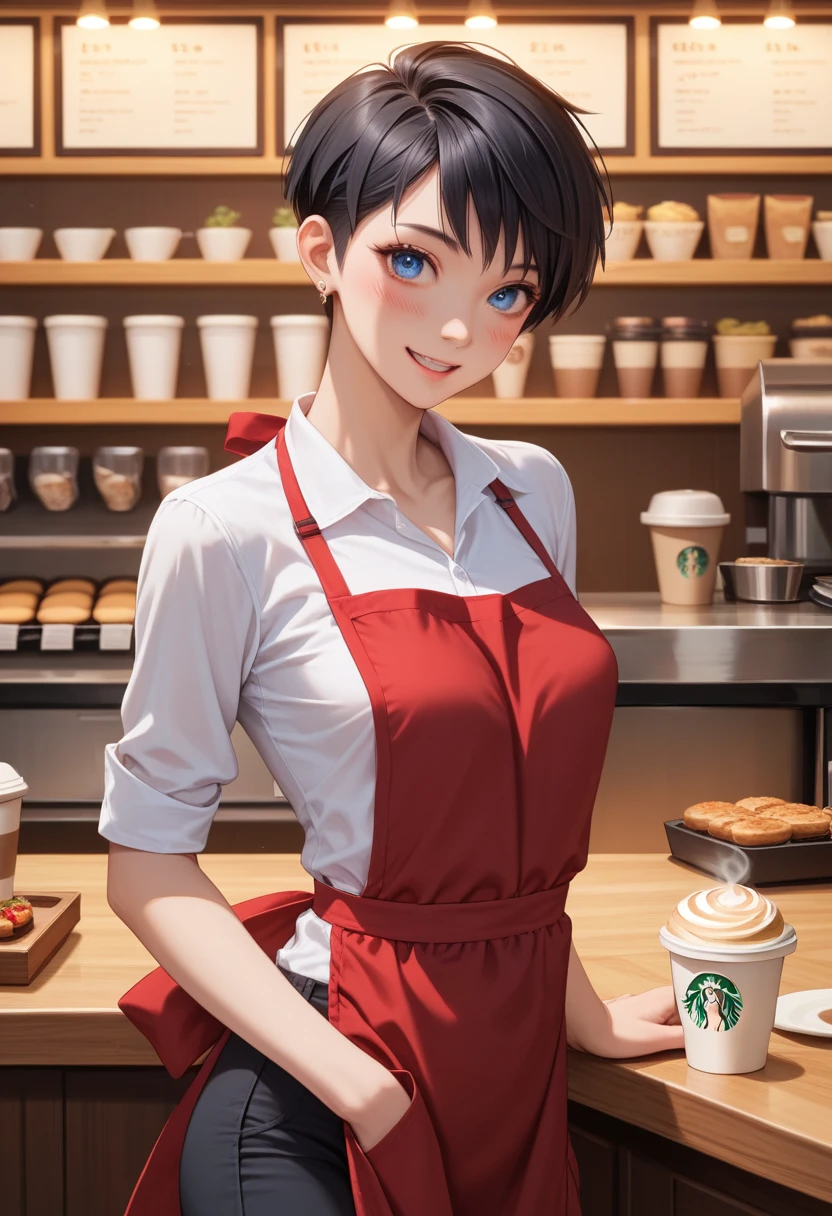 (score_9, score_8_up, score_7_up, score_6_up), anime, high res image, Beautiful girl with long slim body, (masterpiece, detailed:1.2), (1girl:1.5), (black hair, short pixie cut hair), (earrings), (dynamic poses), looking at viewer, (blushing red, light smile), (blue eyes, sharp detail eyes), perfecteyes, (small perky breasts:1.2), (slender), (beautiful detailed face, beautiful detailed eyes), ((white shirt, black pants, apron)), (standing up), (coffee shop), (cowboy shot), seductive