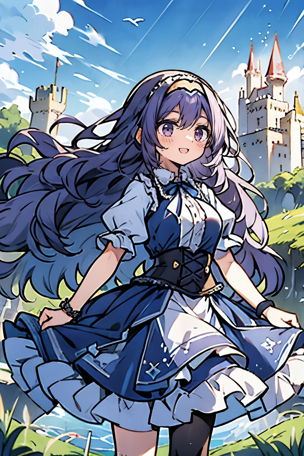 (masterpiece:1.2), (high quality:1.2), reo mikage, blue lock, girls with((((solo, 1 girls, (wavy long hair, frilled hairbands:1.55), puffy sleeves + blue dress + skirt adds short dress + navy tights + white shirt and frills collared shirt + neck ribbon + corset + bracelet, frilled dress, short sleeves, purple eyes, purple hair, smiling, standing))), background with((camelot kingdom, castle, sky, sea, shining sunlight, august 12))