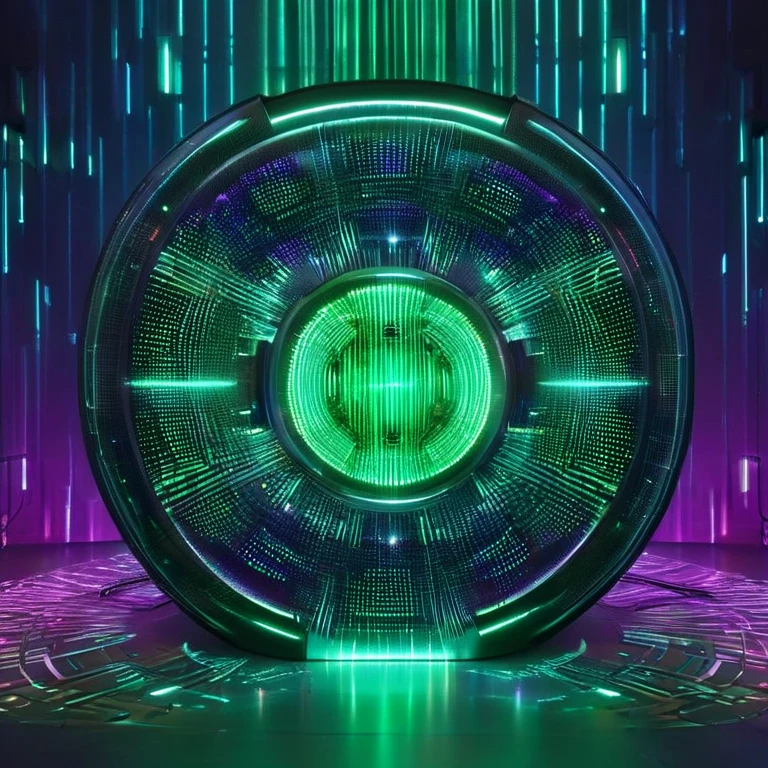 a green and purple abstract background with a circular shape, cypherpunk background, cyber background, the encrypted metaverse, cyber - punk background, surreal cyberspace, cyber space, iridescent cybernetic processor, green matrix light, large cyberarrays data holograms, corrupted data, cyber punk setting, techno neon projector background, cybernetic wallpaper