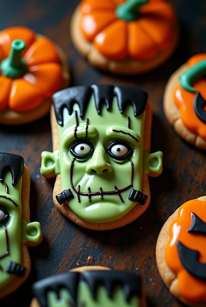 A scary Frankenstein face, halloween cookies, icing cookies, sweet treats, Halloween party, spooky dessert, detailed cookie texture, gooey icing, pumpkin spice flavor, intricate Frankenstein design, vibrant colors, dramatic lighting, horror-inspired, gothic style, moody atmosphere, (best quality,4k,8k,highres,masterpiece:1.2),ultra-detailed,(realistic,photorealistic,photo-realistic:1.37)