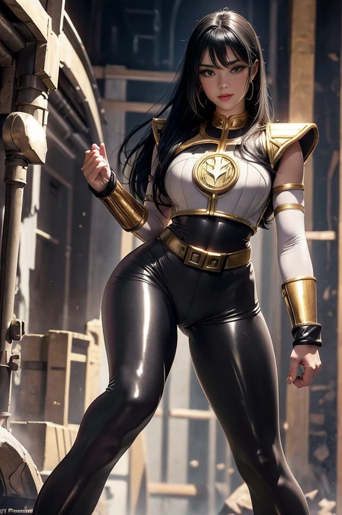 1mulher,  Super detail,  best quality,  high resolution , reflective light,  power ranger,Ranger Branco, a girl, (long black hair), large firm breasts, (Very shiny suit), ((Nylon fiber suit)), ((Destroyed Cities )), (blush platinum-colored), smile, seminua, open legs,  thin waist, long hair tied back, black short shorts,  knee-high black boots , thigh-length black tights, showing the thighs,  thick thighs ,  perfect body , Athletic body,  heroic pose 