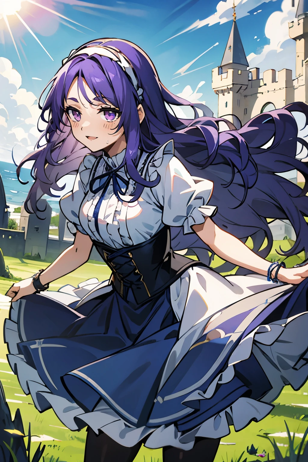 (masterpiece:1.2), (high quality:1.2), reo mikage, blue lock, girls with((((solo, 1 girls, (wavy long hair, frilled hairbands:1.55), puffy sleeves + blue dress + skirt adds short dress + navy tights + white shirt and frills collared shirt + neck ribbon + corset + bracelet, frilled dress, short sleeves, purple eyes, purple hair, smiling, standing))), background with((camelot kingdom, castle, sky, sea, shining sunlight, august 12))