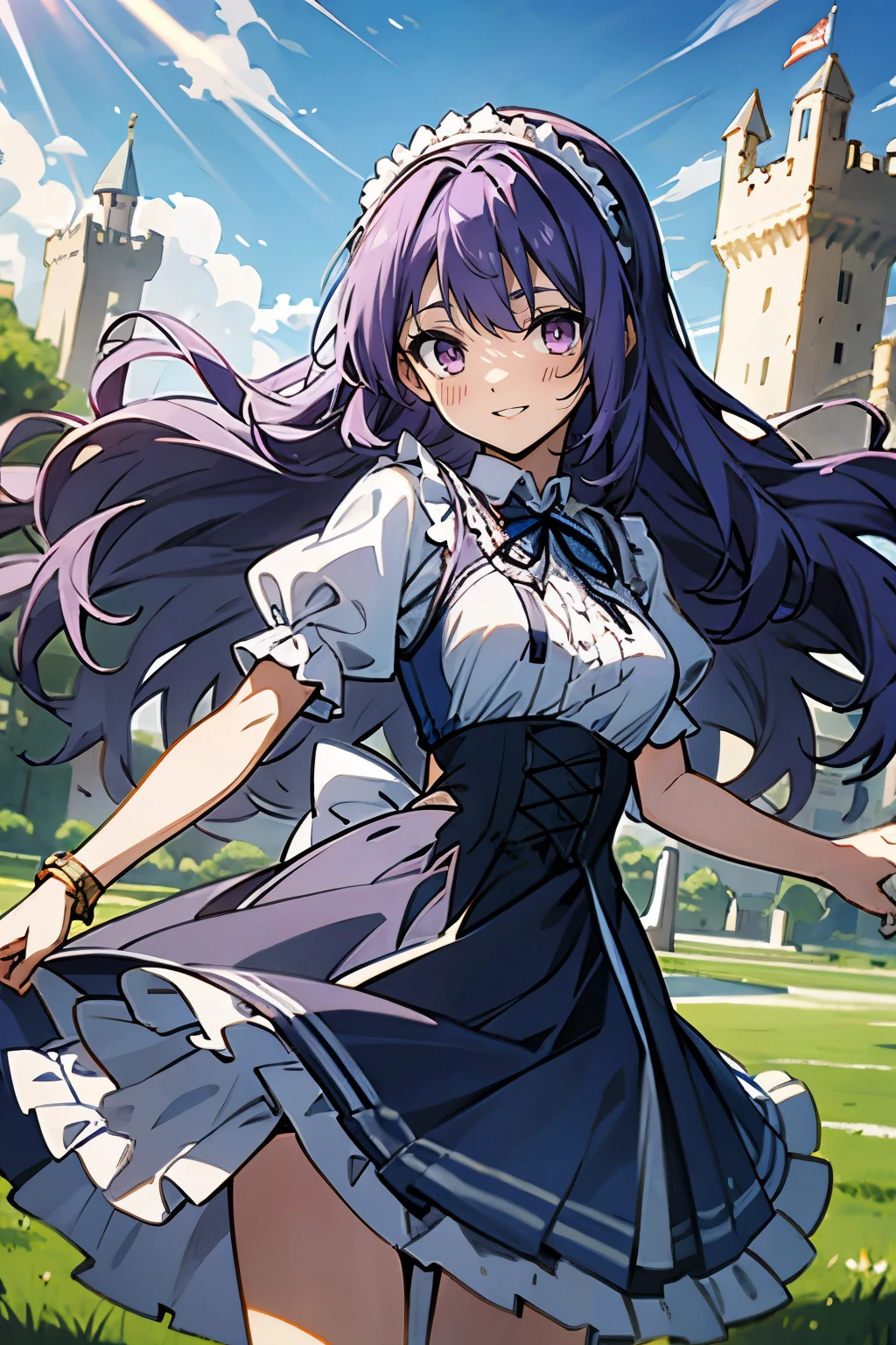 (masterpiece:1.2), (high quality:1.2), reo mikage, blue lock, girls with((((solo, 1 girls, (wavy long hair, frilled hairbands:1.55), puffy sleeves + blue dress + skirt adds short dress + navy tights + white shirt and frills collared shirt + neck ribbon + corset + bracelet, frilled dress, short sleeves, purple eyes, purple hair, smiling, standing))), background with((camelot kingdom, castle, sky, sea, shining sunlight, august 12))