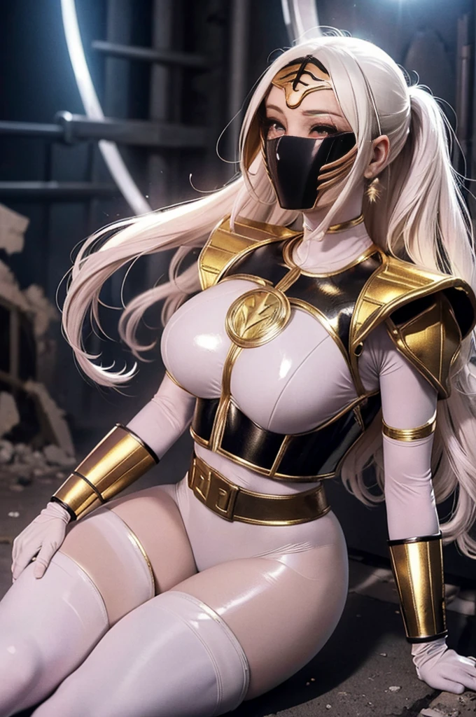 1mulher,  Super detail,  best quality,  high resolution , reflective light,  power ranger,Ranger Branco, a girl, (long white hair), large firm breasts, (Very shiny suit), ((Nylon fiber suit)), ((Destroyed Cities )), (blush platinum-colored), smile, seminua, shiny leather mini skirt , open legs,  thin waist, long hair tied back, black short shorts,  knee-high black boots ,  thigh-length black tights, showing the thighs,  thick thighs ,  perfect body , Athletic body,  heroic pose 