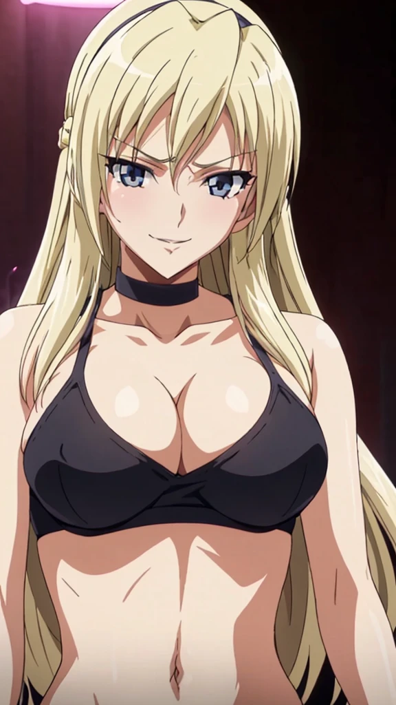  erotic 、 Margarita Vazquez Homura、 tall、Big Breasts、Blonde、Grey Eyes、Black sports bra　 sportswear、 choker、Evil Warrior、 sexy pose、 wicked smile、lure、Alluring、Pastel pink lights 、bedroom、Fall into Darkness、Fallen into evil、Open your mouth slightly