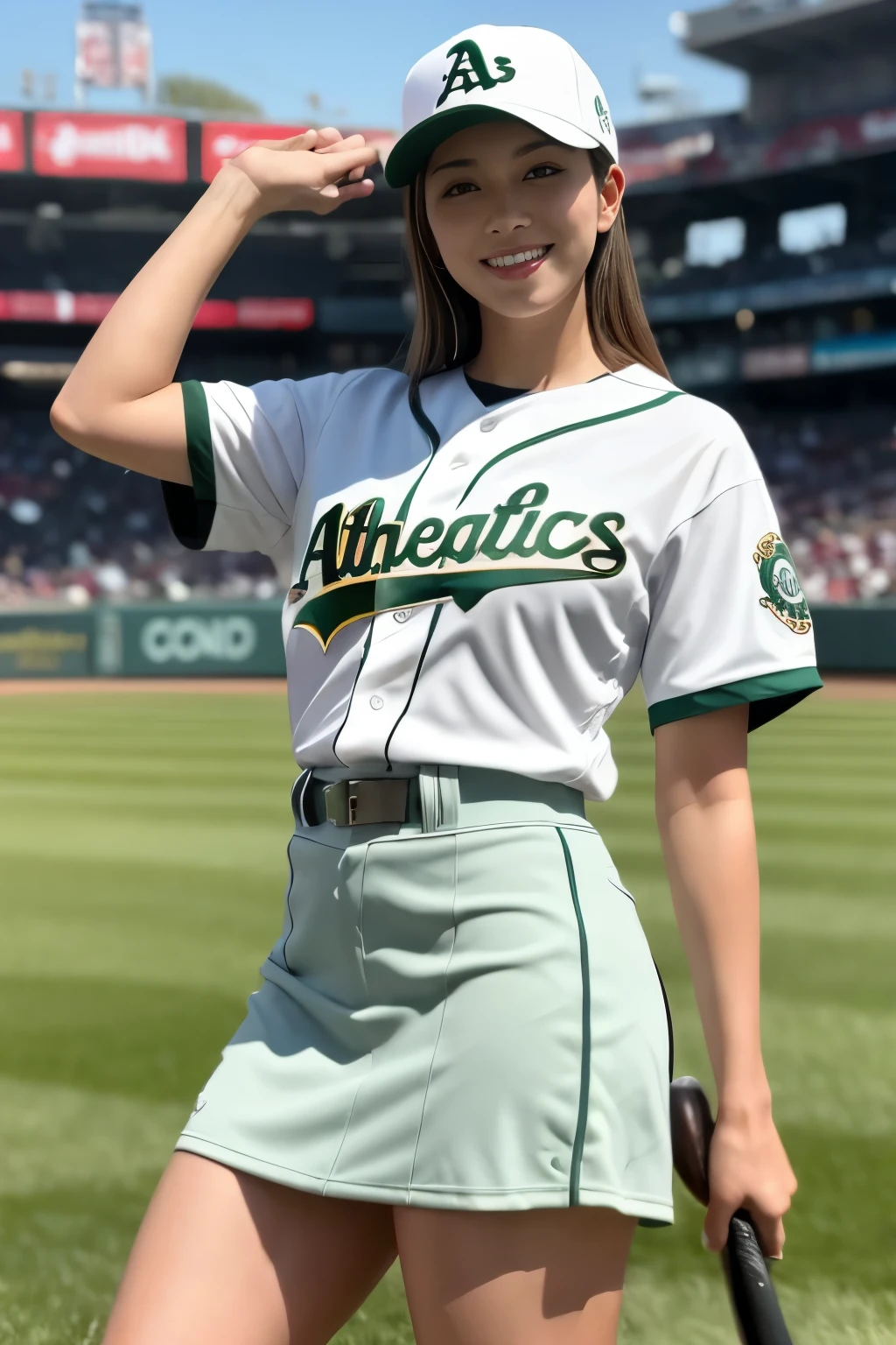 ((best quality)), ((masterpiece)), (detailed), 1girl,baseball player on baseball stadium,((clothed:1.1)),(Oakland athletics uniform),sexy green and yellow with white color baseball uniforms,wearing green and yellow baseball cap ,baseball mittens ,hold baseball bats,(pleated mini skirt )((huge breasts:2.0,see through:20,high leg micro pantie)),best smile,crossed arms,hold breasts,standing and style posing ,open legs,(beautiful pussy line),(Protruding pubic hair),