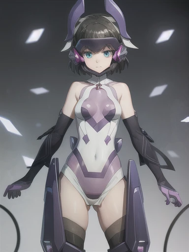 ( VERY DETAILED CG ), (Best Quality),  1 girl,  perfect face,  shiny skin, Glowing Skin,  wide hips, thin waist, Honami Miku ,bangs,mask, helmets, blue eyes, separated sleeve,Purple gloves,bodysuit, leotard, knee socks elbow gloves ,Bare Shoulder,  headgear , 1 girl, Black Hair ,  short hair,  mind control,  glowing eyes, Expressionless, ,  ,