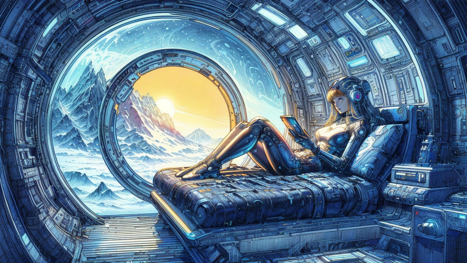 spaceship interior with a woman sitting on a bed and a view of the mountains, Style of Moebius, Métal Hurlant, Philippe Druillet, sci - fi illustrations, sci-fi illustrations, sci fi art, detailed sci-fi art, science fiction art, beautiful sci fi art, sci-fi digital art illustration, science fiction art ], sci - fi art, sci-fi art, sci-fi illustration