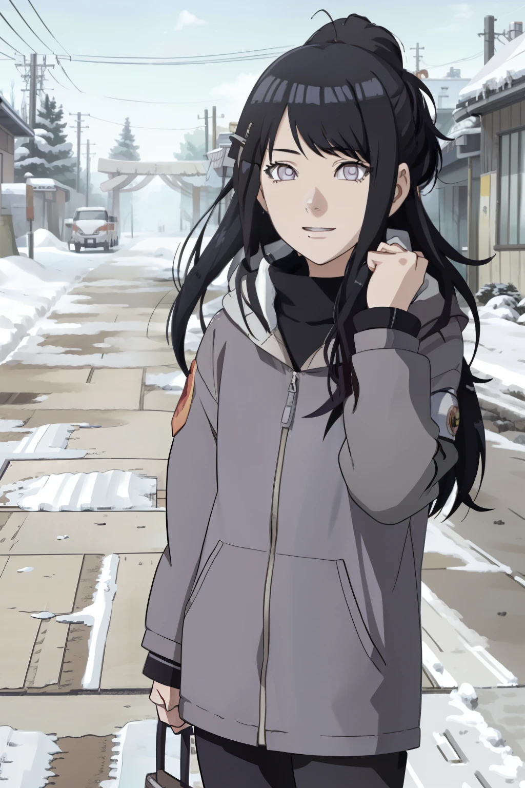 an hiperealistic shot of hinata(shippuden), ((hiori kazano)), idolmaster, Detailed eyes,  long hair, ponytail, half updo, hair ornament,, (sweet woman), manwha style, ((happy)), ((sweet)), ((delicated)), winter, snowing