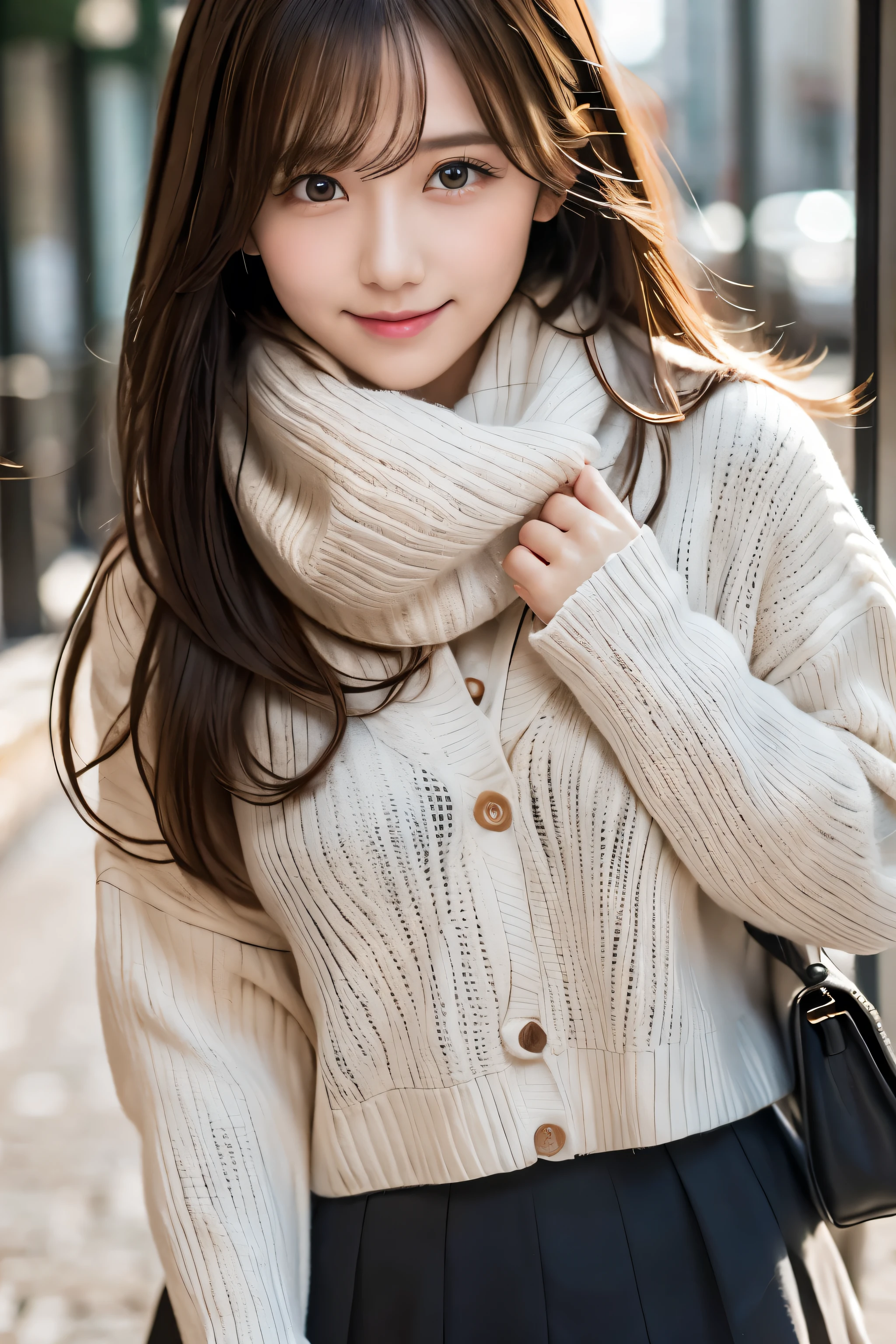 The girl in the big white sweater 、 I'm slightly burying my face in a Burberry scarf、 very shy in the cold、Angle from under the camera 、セクシーな pantiesが見える、(( panties))、((mini skirt))、