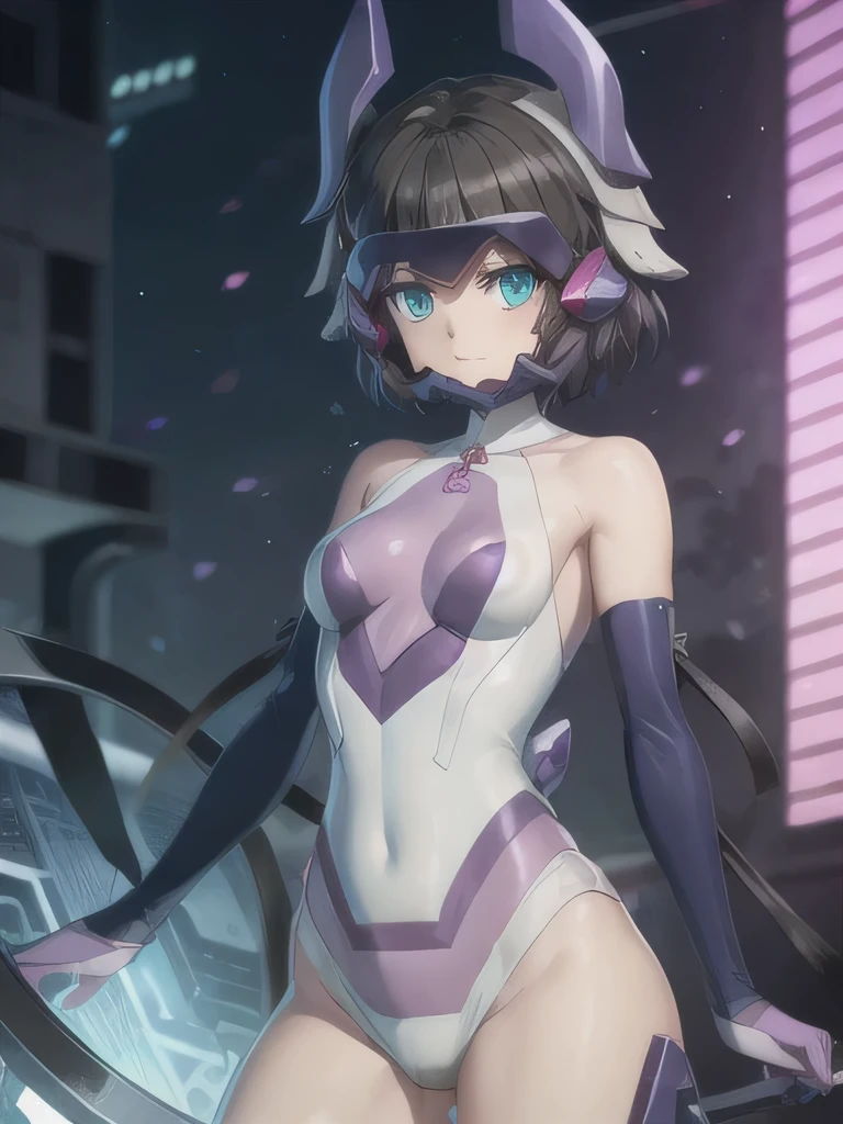 ( VERY DETAILED CG ), (Best Quality),  1 girl,  perfect face,  shiny skin, Glowing Skin,  wide hips, thin waist, Honami Miku ,bangs,mask, helmets, blue eyes, separated sleeve,Purple gloves,bodysuit, leotard, knee socks elbow gloves ,Bare Shoulder,  headgear , 1 girl, Black Hair ,  short hair,  mind control,  glowing eyes, Expressionless, ,  ,