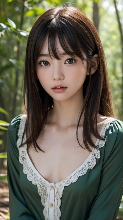 (nsfw:1.2)、one 日本人の girl, (a beauty  girl, delicate  girl:1.3), (:1.0), break, (summer、 blouse:1.3), break, (In the forest:1.3), break, Extremely fine resolution, (Symmetrical eyes:1.3), break, Small breasts,  Brown Eyes ,  split bangs that show cleavage, Brown Hair,  girl, break, ( Eyes and Face Details:1.0) break, (masterpiece, Best Quality,  very detailed,   Detailed Face , 8k)、(Nipples visible through the gaps in her clothes:1.0)、stand、Hunchback、 face down 、 side view、  my clothes are torn 