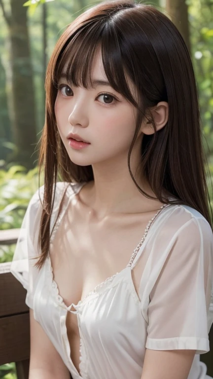 (nsfw:1.2)、one 日本人の girl, (a beauty  girl, delicate  girl:1.3), (:1.0), break, (summer、 blouse:1.3), break, (In the forest:1.3), break, Extremely fine resolution, (Symmetrical eyes:1.3), break, Small breasts,  Brown Eyes ,  split bangs that show cleavage, Brown Hair,  girl, break, ( Eyes and Face Details:1.0) break, (masterpiece, Best Quality,  very detailed,   Detailed Face , 8k)、(Nipples visible through the gaps in her clothes:1.0)、stand、Hunchback、 face down 、 side view、  my clothes are torn 