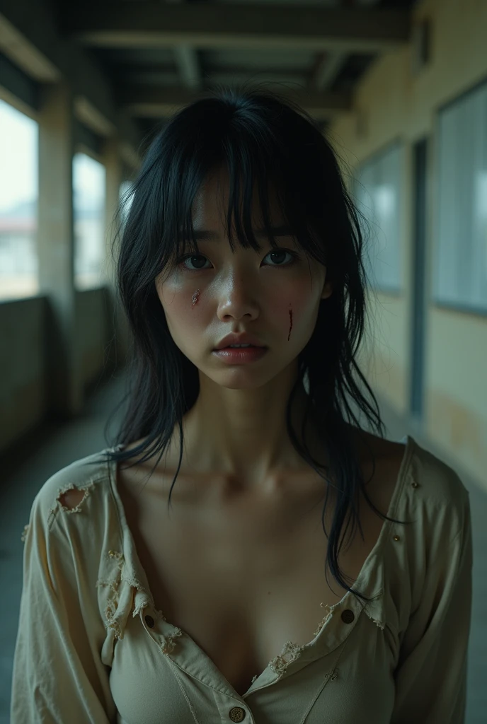 (best quality,4k,highres,masterpiece:1.2),ultra-detailed,realistic:(1.37),portrait,homeless woman,small town,farm setting,messy hair,torn clothes,desperate look,dirty face,faint smile,poverty,loneliness,forsaken,sadness,cold weather,winter,desolation,barren landscape,shadows,harsh lighting,hopelessness,rundown buildings,dilapidated surroundings,tattered belongings,tough life,grim reality,survival,heartache,hardship,coping with adversity,waiting for help,crumbling dreams,quiet despair.