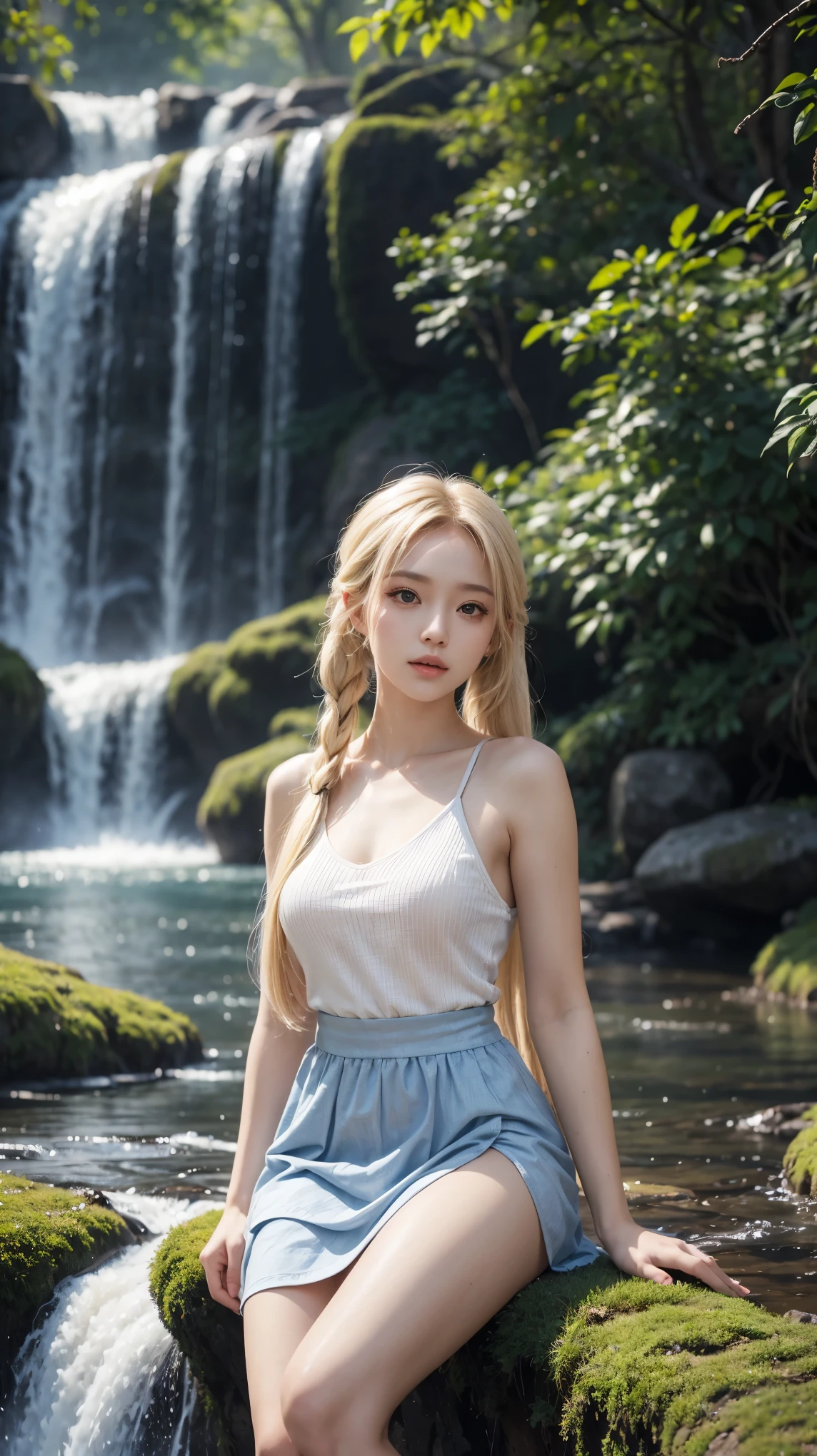 (((1girl)))!!!, 1girl look at the camera, leaning against the tree, waterfall on the back, wear mini dress, sweet fantasy, blonde hair, smooth straight hair, twintail hair, breathtaking rendering, dynamic composition, open skirt, smooth thigh, super seductive temptation, depth of field, super realistic photography, masterpiece,dramatic lighting