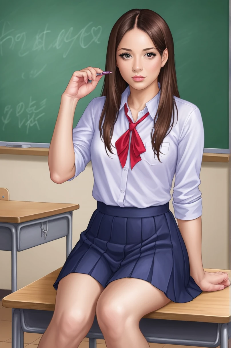 a young anime girl with beautiful detailed eyes, beautiful detailed lips, extremely detailed face, long eyelashes, school uniform, sitting in a classroom, flat shadows, flat colors, high quality, 8k, photorealistic, professional digital art