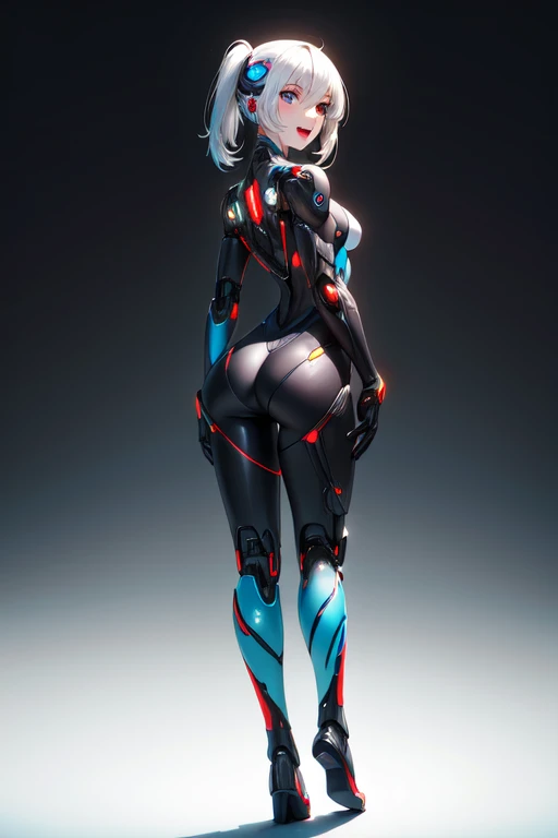 animation, Highest quality, Highest quality, High quality illustrations, masterpiece, Ultra-high resolution, Detailed Background, Alley, Graffiti art on the wall, Absurd, Perfect Anatomy, performance, Good lighting, Shadows in the movies(kemono, Furry PersonifiCation), Cat, White Rubber Suit, latex, neon, neonライト, neonカラー, Bodysuits, Cyber Suit, cyber punk, Turning her back, From the back