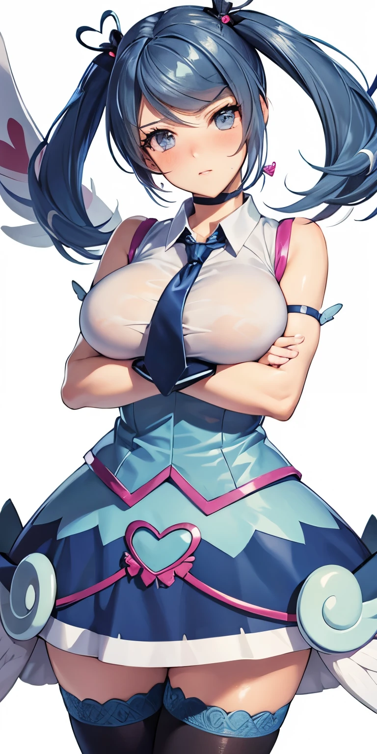 1 Female,High definition,high resolution,Ultra-realistic,8K, heart hair ornament, ba1, 1girl, solo, jewelry, necktie, skirt, sleeveless, blue necktie, choker, breasts, shirt, dress, blue skirt, skirt_ornament, wings, four-leaf clover_facial_tattoo,tight black thighhighs, large breasts,European,sexy,Upper body close-up,Photographed from the front,Dynamic Angles,(blush), (medium tits) ,(crossed arms)