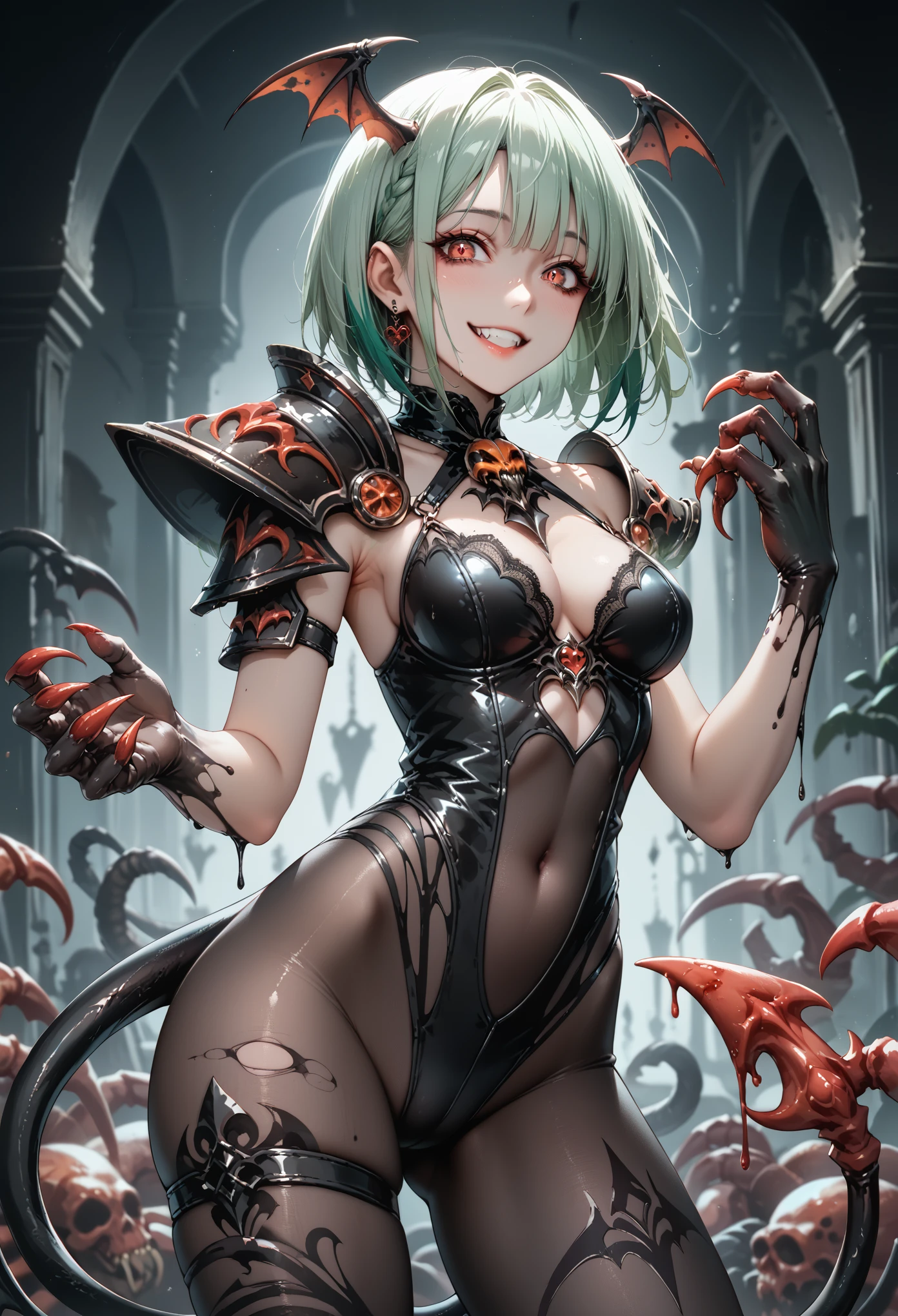 (Girl fused with a scorpion). Succubus-style. Black scorpion tail. Scorpion motif. Black carapace. Mint green hair. Two-tone hair. Shoulder. Bat wing-style shoulder armor. Short hair. High legs. Body tights. Sharp claws. Black paint hands. Her one hand becomes a scorpion's claw. Yandere Smile.